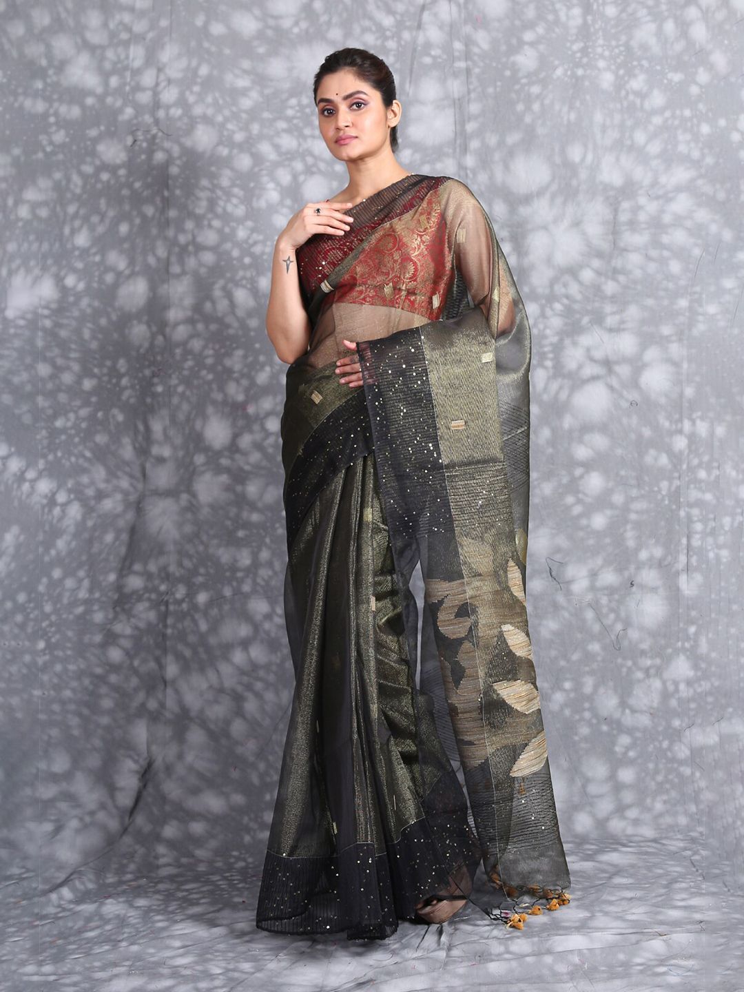 Charukriti Black & Gold-Toned Woven Design Sequinned Pure Silk Saree Price in India