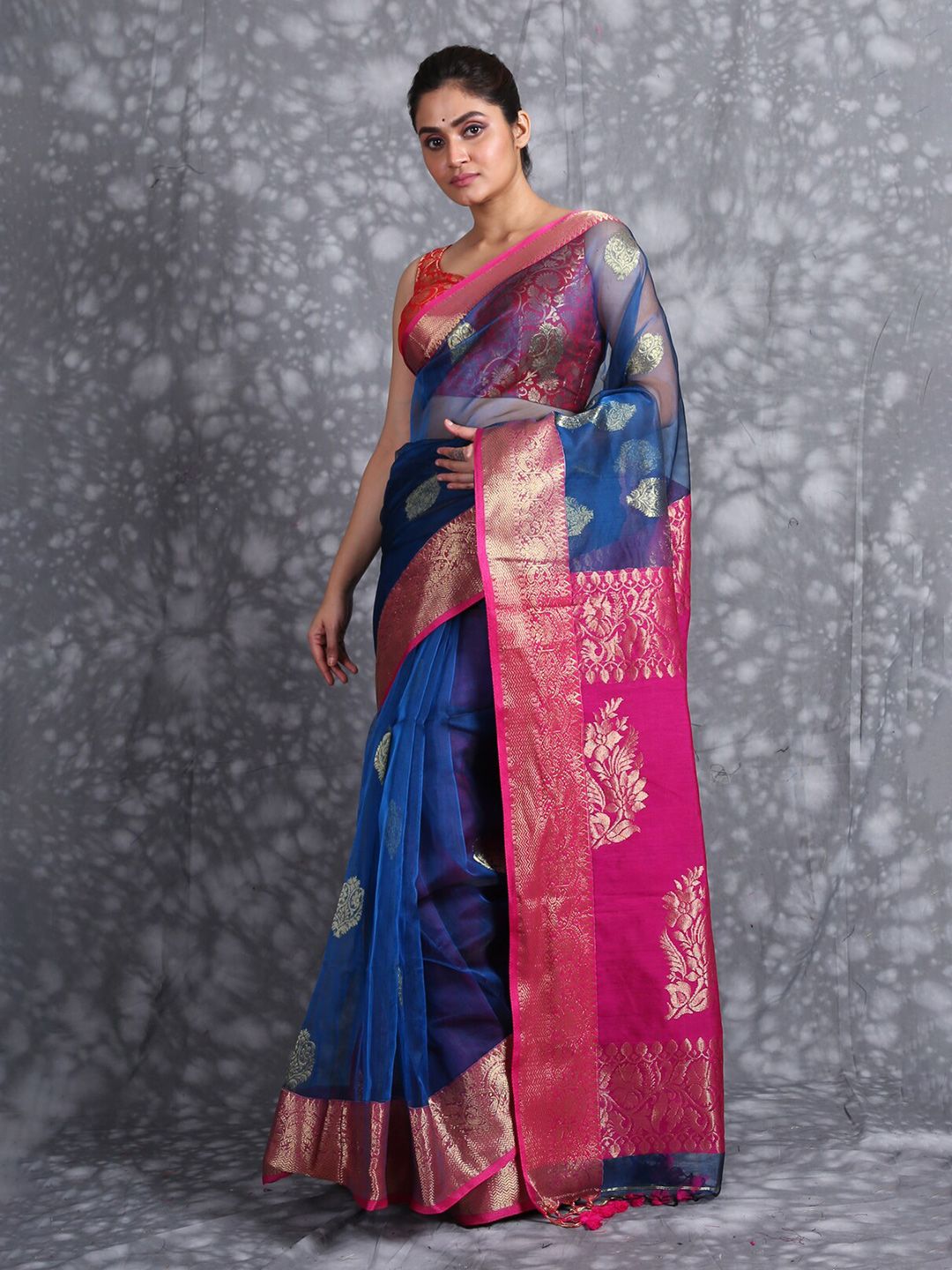 Charukriti Blue & Pink Ethnic Motifs Zari Pure Silk Saree Price in India