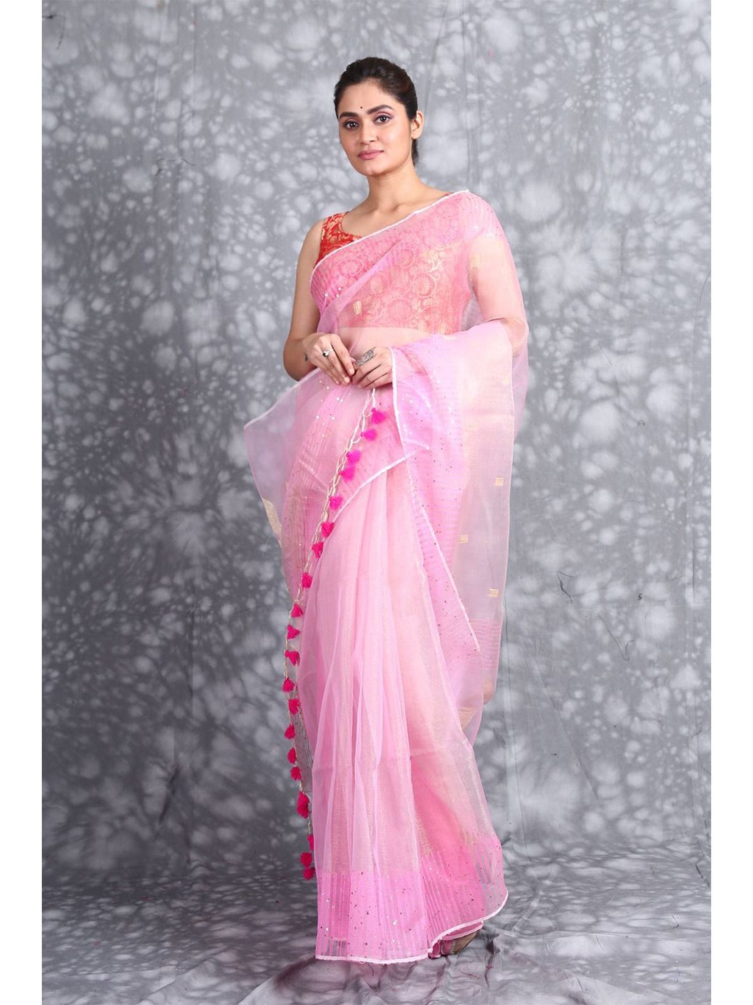 Charukriti Pink & Gold-Toned Woven Design Sequinned Pure Silk Saree Price in India