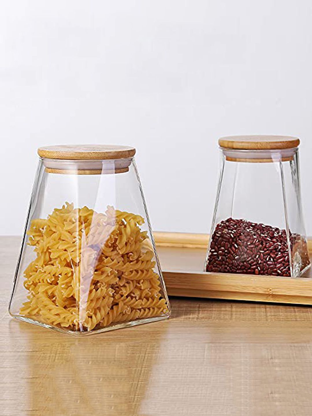 Femora Set of 4 Borosilicate Glass Triangle Storage Jar with Bamboo Lid Price in India