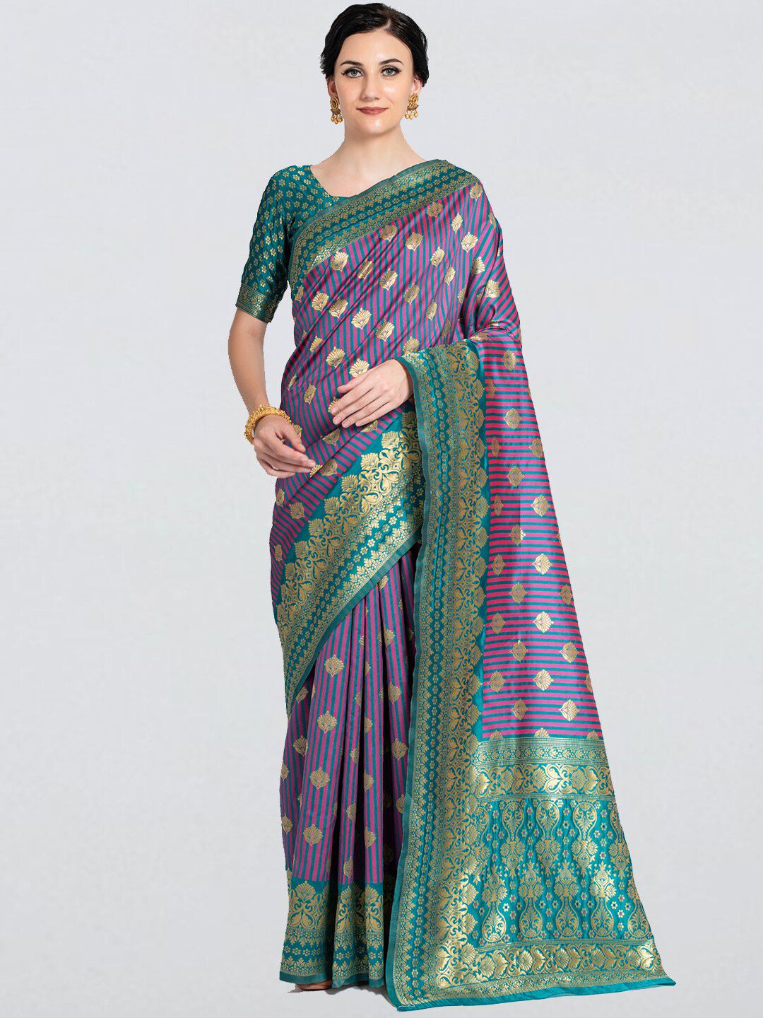 cbazaar Green & Blue Ethnic Motifs Zari Art Silk Saree Price in India