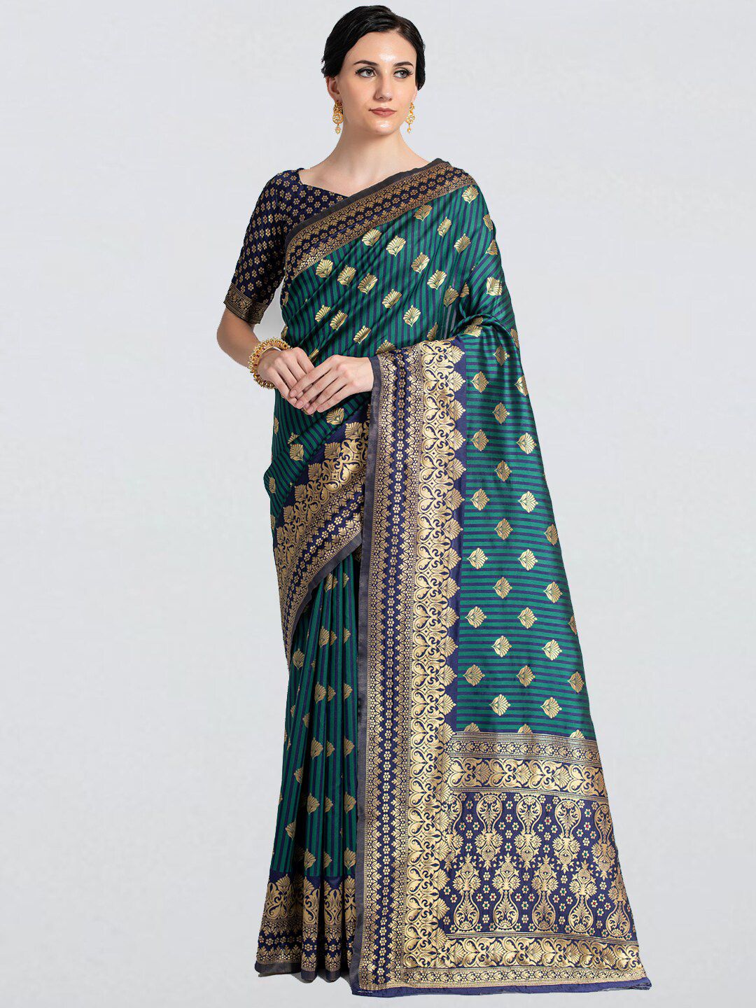 cbazaar Navy Blue & Green Ethnic Motifs Zari Art Silk Saree Price in India