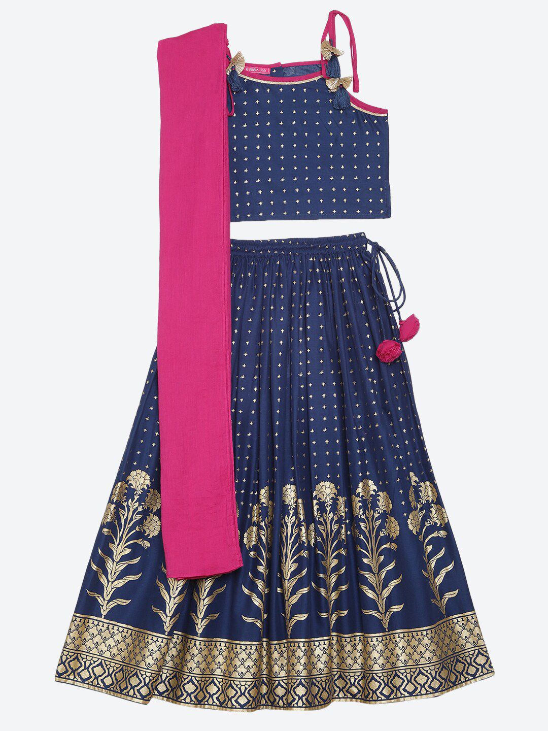 Biba Girls Blue & Gold-Toned Printed Ready to Wear Lehenga & Blouse With Dupatta Price in India