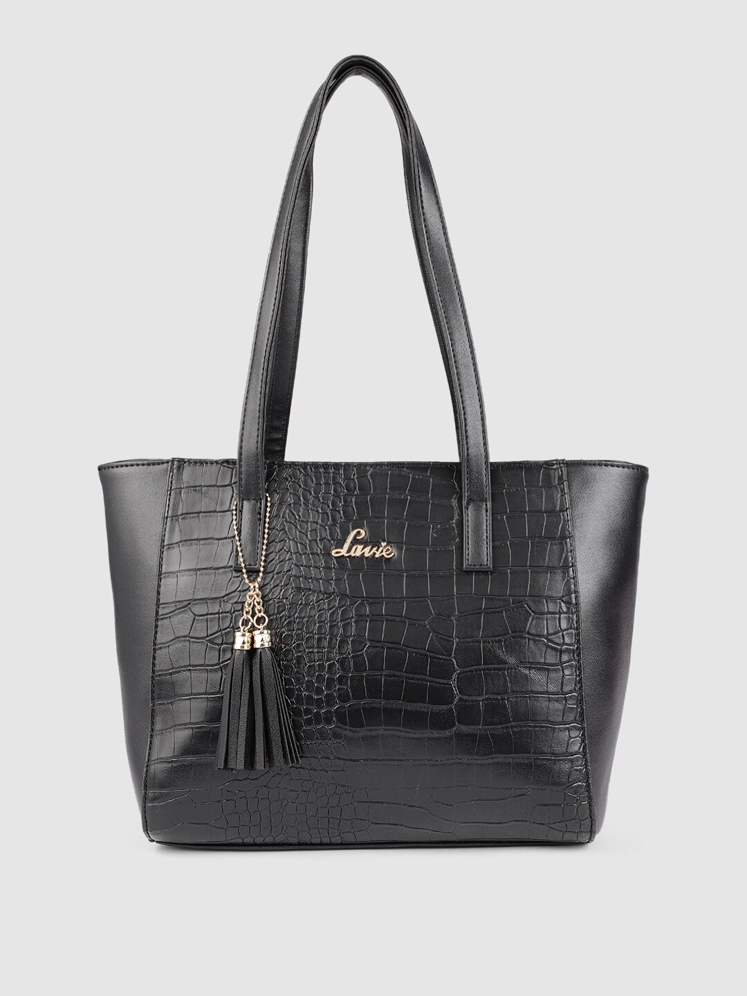 Lavie Black Animal Textured Structured Shoulder Bag with Tassel Detailing Price in India