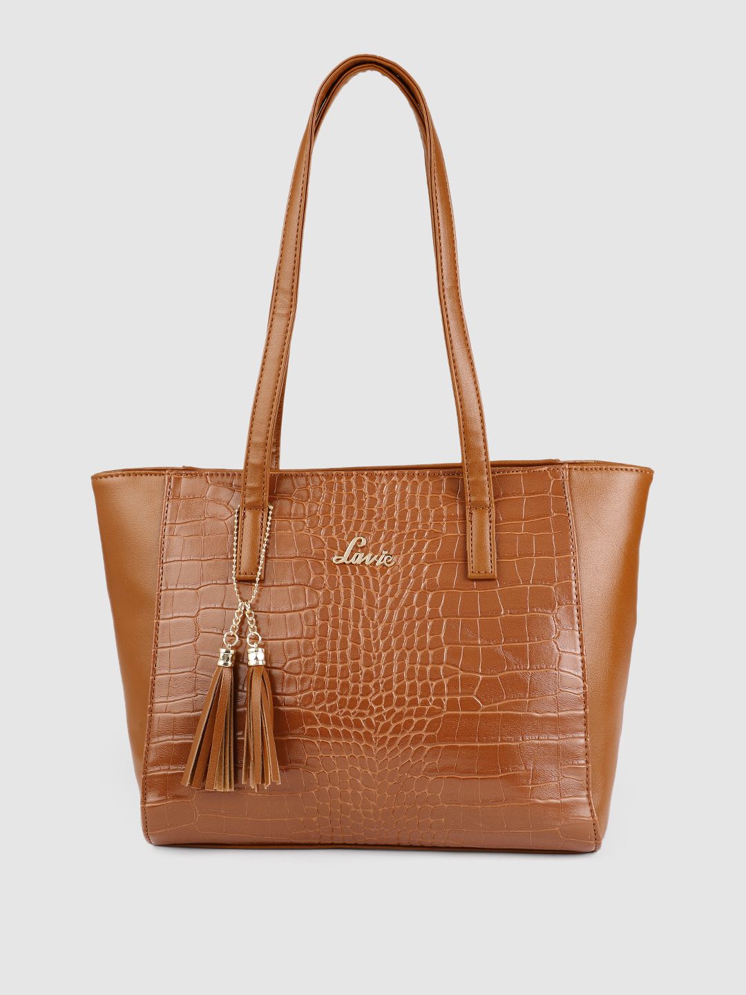 Lavie Tan Brown Solid PU Regular Structured Shoulder Bag with Tasselled & Textured Detail Price in India
