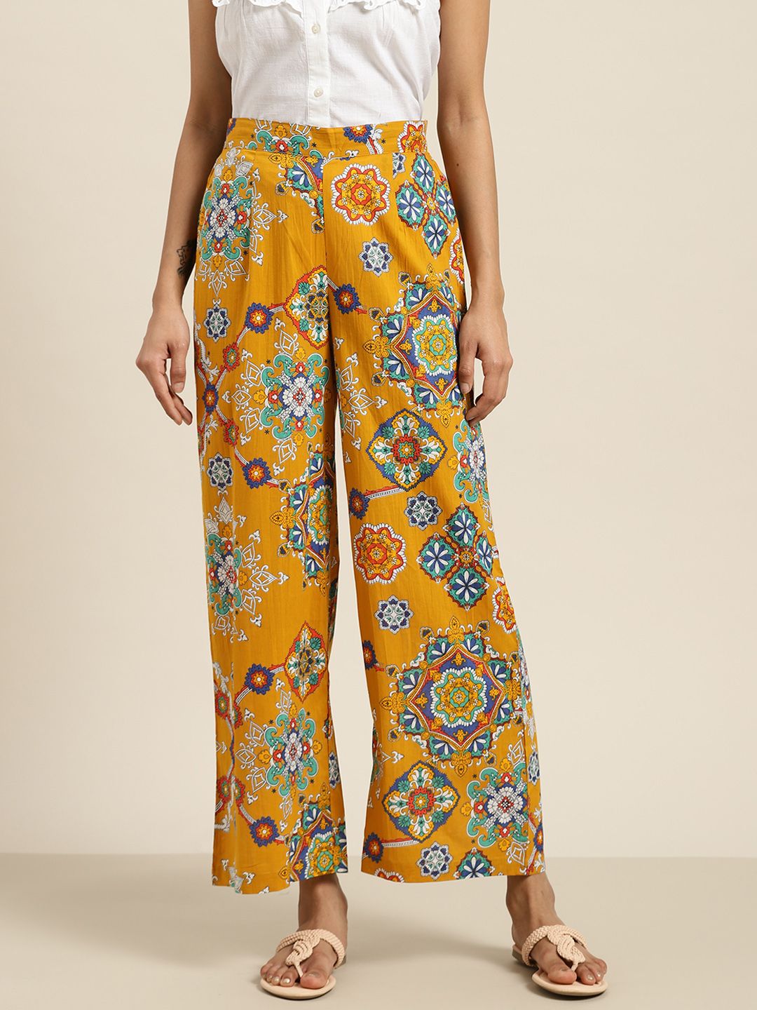 Sangria Women Mustard Yellow & Navy Blue Ethnic Motifs Printed Pure Cotton Palazzos Price in India