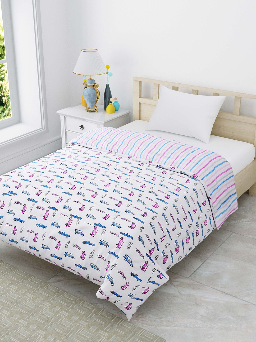 JAIPUR FABRIC White & Pink 150 GSM Single Bed Kids Reversible Comforter Price in India