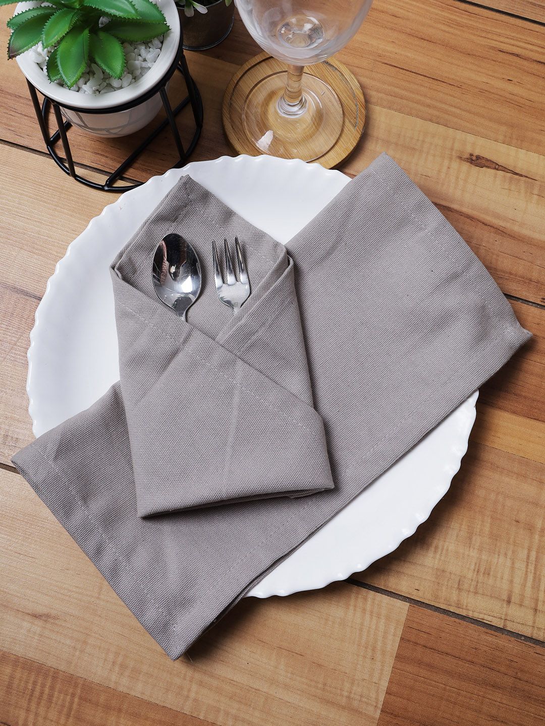 Soumya Set of 6 Grey Solid Cotton Table Napkins Price in India