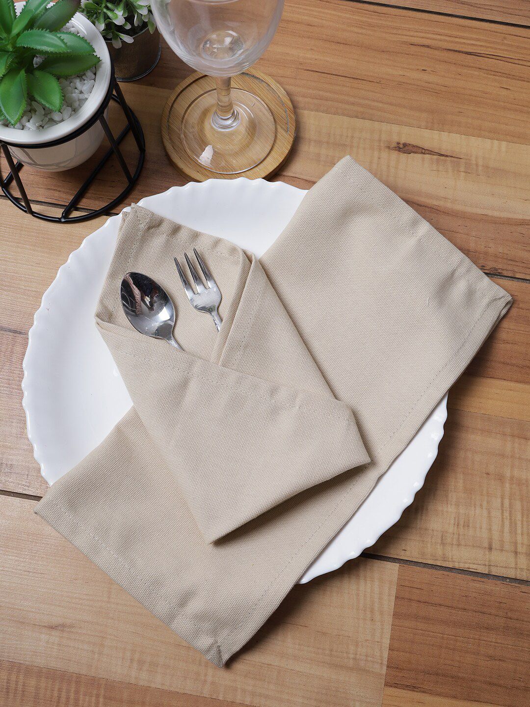 Soumya Set Of 6 Beige Solid Cotton Table Napkins Price in India