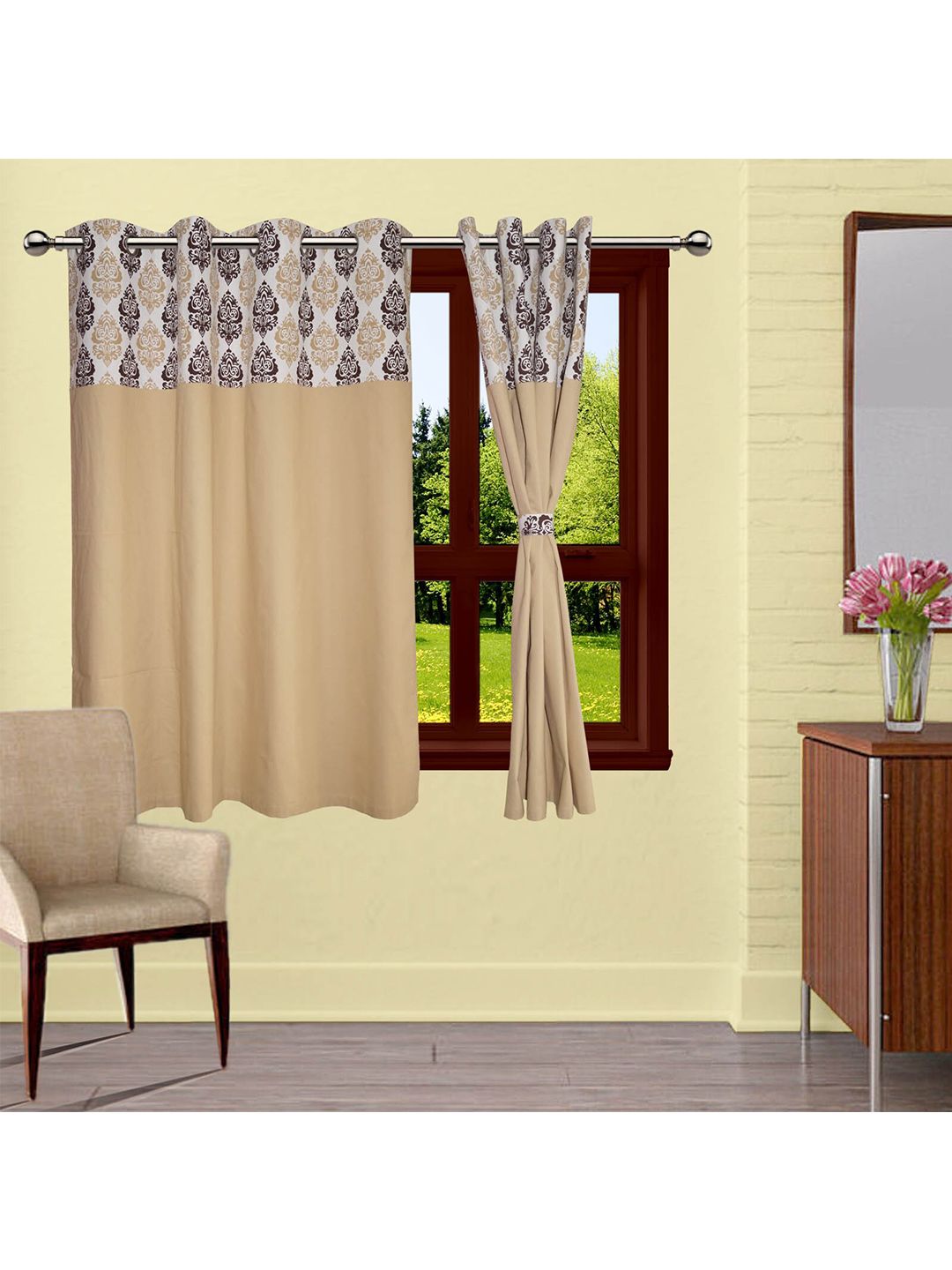 Lushomes Beige & Brown Ethnic Motifs Printed Single Window Cotton Curtain Price in India