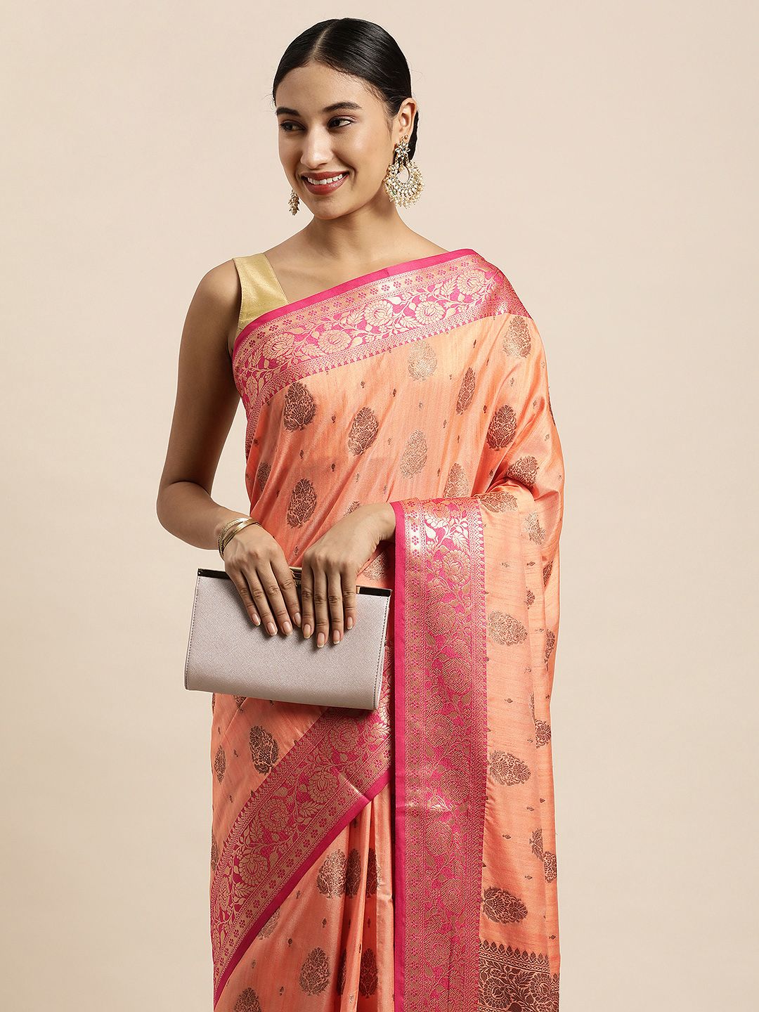 Saree Swarg Peach-Coloured & Gold-Toned Ethnic Motifs Zari Silk Blend Banarasi Sarees