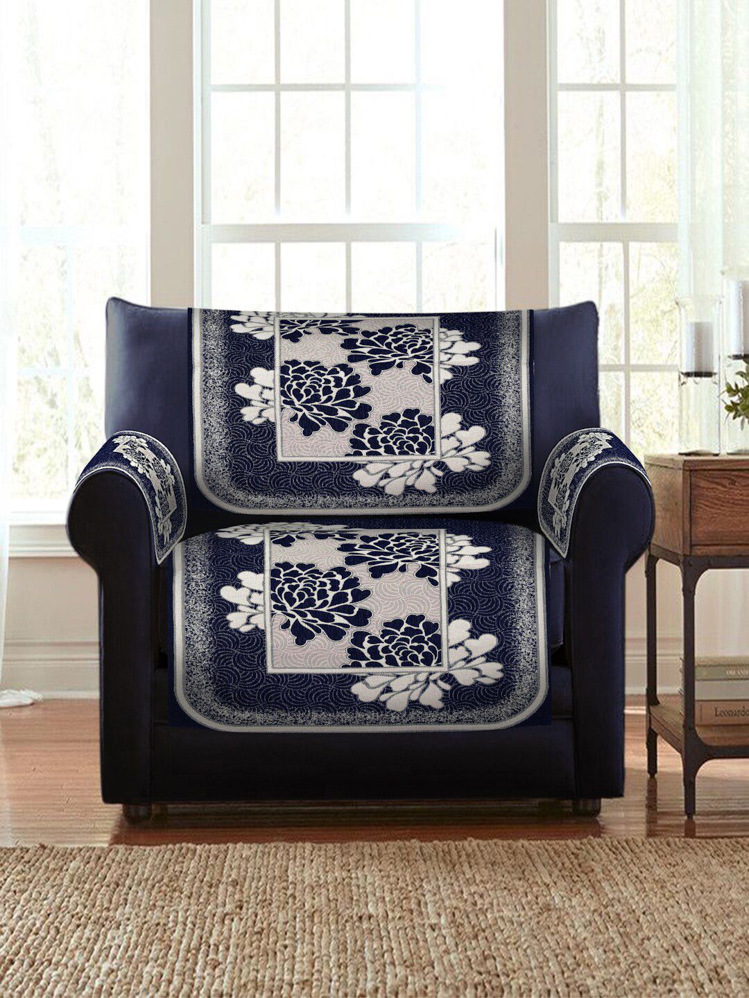 HOSTA HOMES Navy Blue & White Self Design Jacquard Velvet 5 Seater Sofa Cover-16 Pieces Price in India