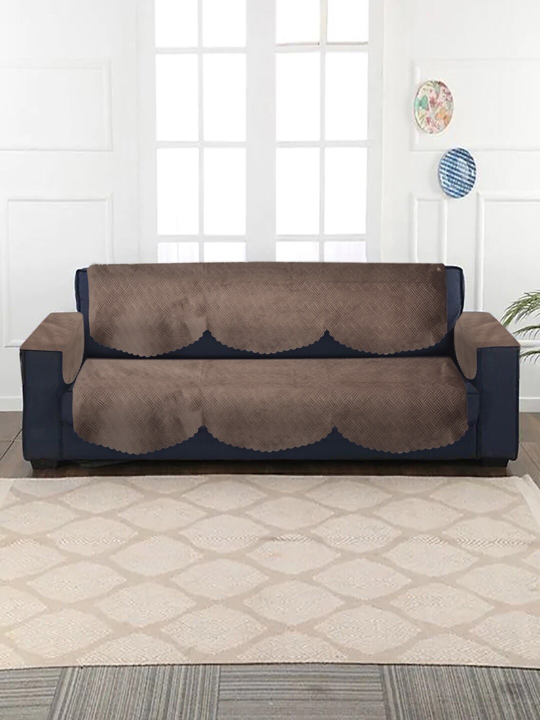 HOSTA HOMES Brown 16-Pieces Velvet Quilted 5 Seater Sofa Cover With Arm Rest Covers Price in India