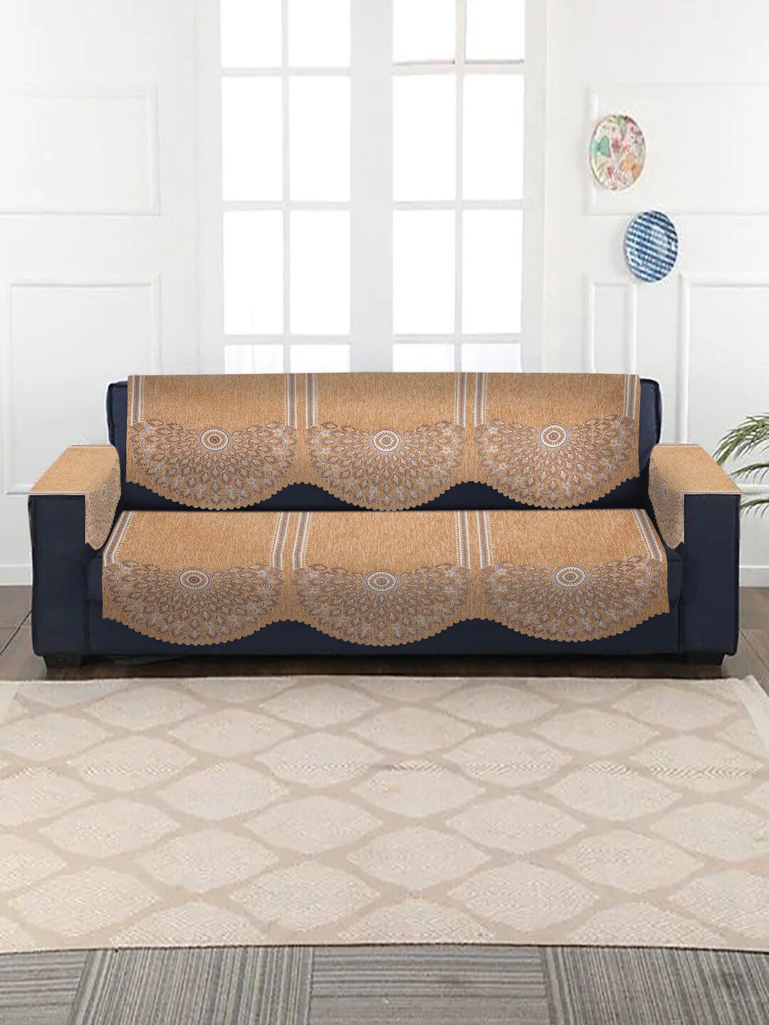 HOSTA HOMES Beige Jacquard Velvet 5-Seater Sofa Cover Price in India