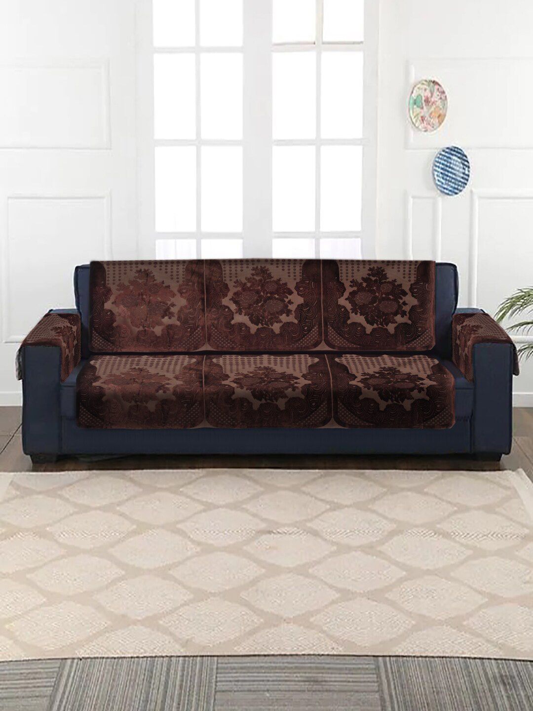 HOSTA HOMES Set Of 16 Brown Velvet Quilted 5 Seater Sofa Cover With Arm Rest Covers Price in India