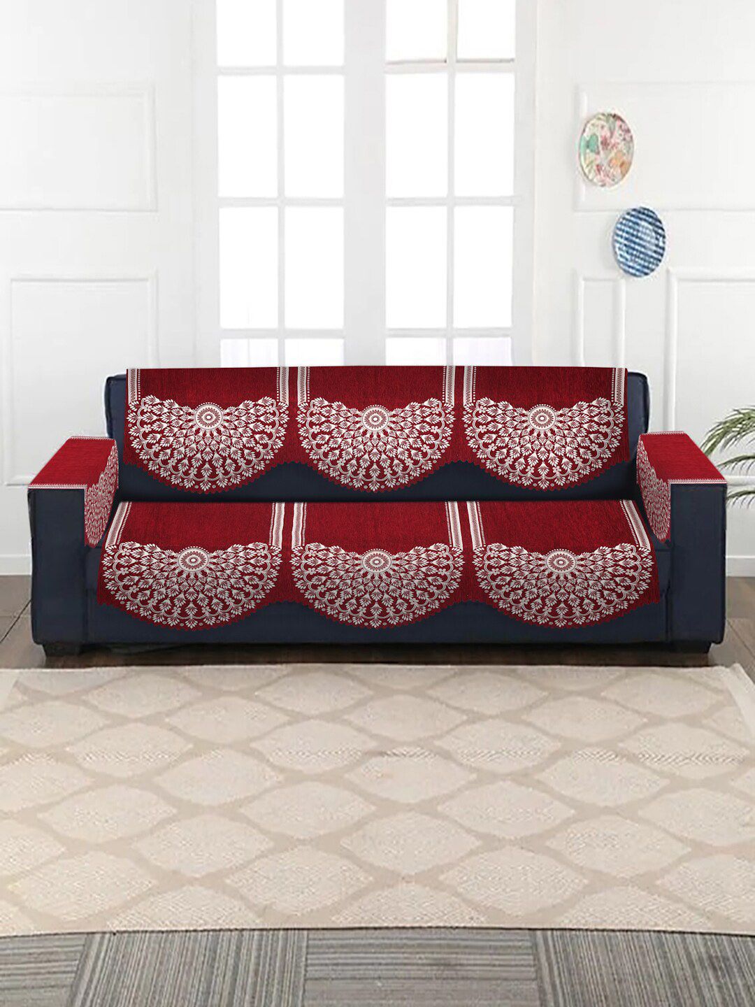 HOSTA HOMES Maroon & White Jacquard Velvet 5-Seater Sofa Cover Price in India