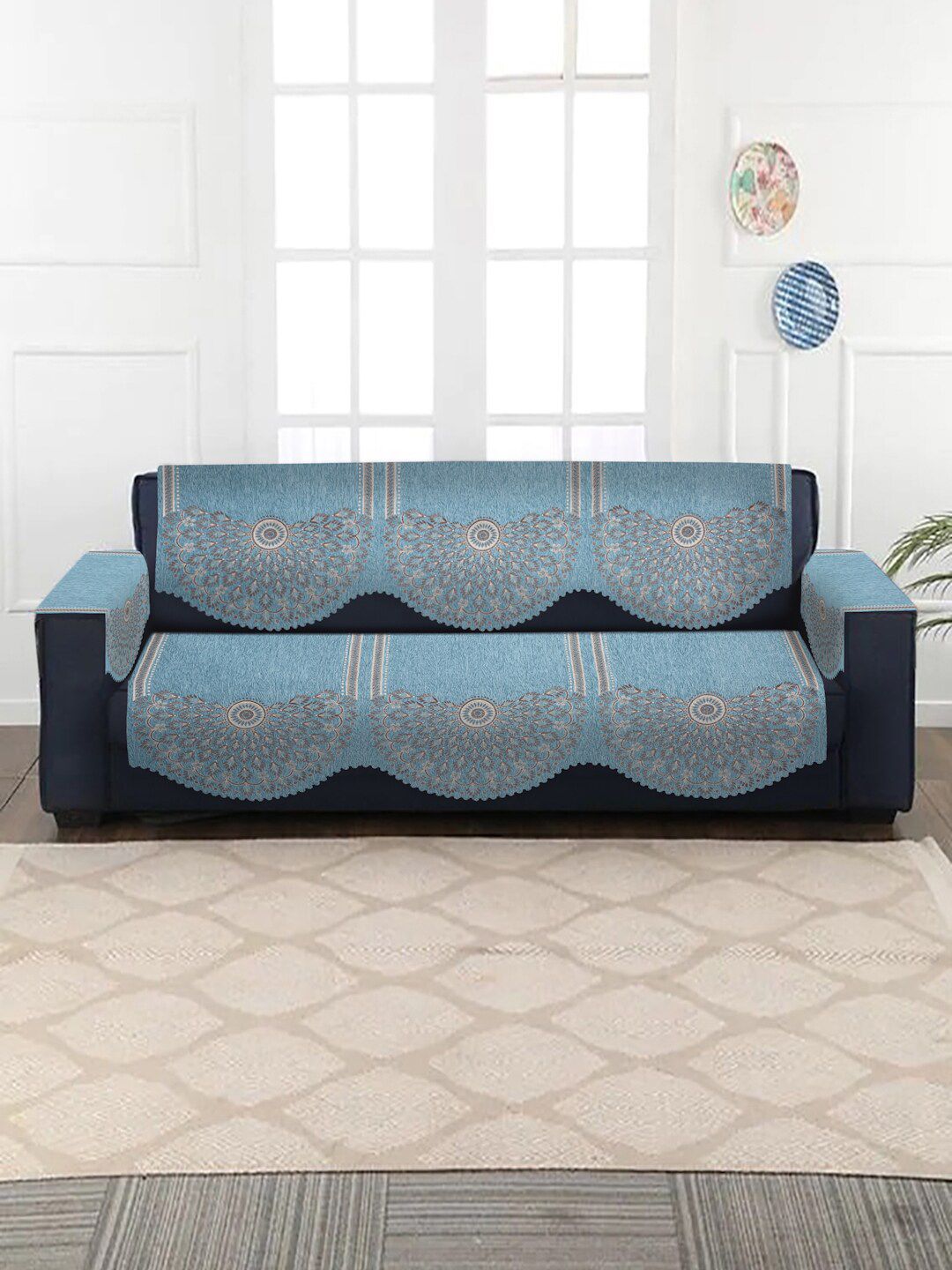 HOSTA HOMES Blue & White Self Design Jacquard Velvet 5 Seater Sofa Cover-16 Pieces Price in India
