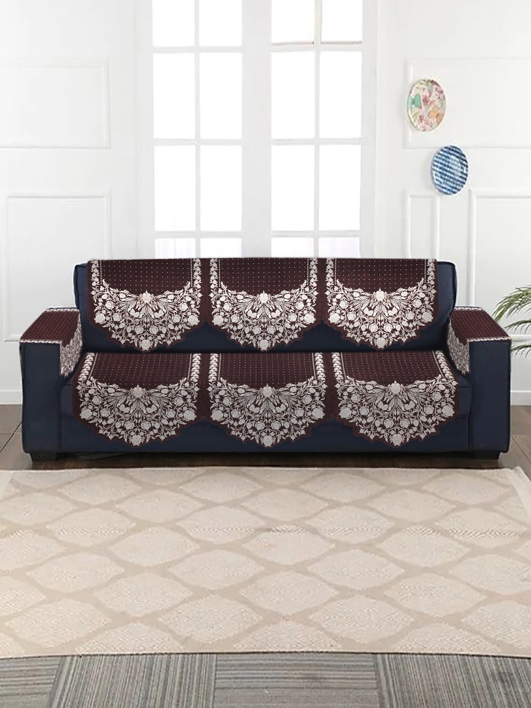 HOSTA HOMES Set of 16 Coffee Brown Jacquard Velvet 5 Seater Sofa Cover With Arm Rest Price in India