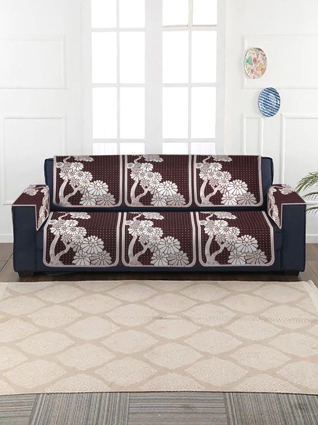 HOSTA HOMES Brown & Beige Set of 16 Jacquard & Velvet 5 Seater Sofa Cover With Arm Rest Price in India