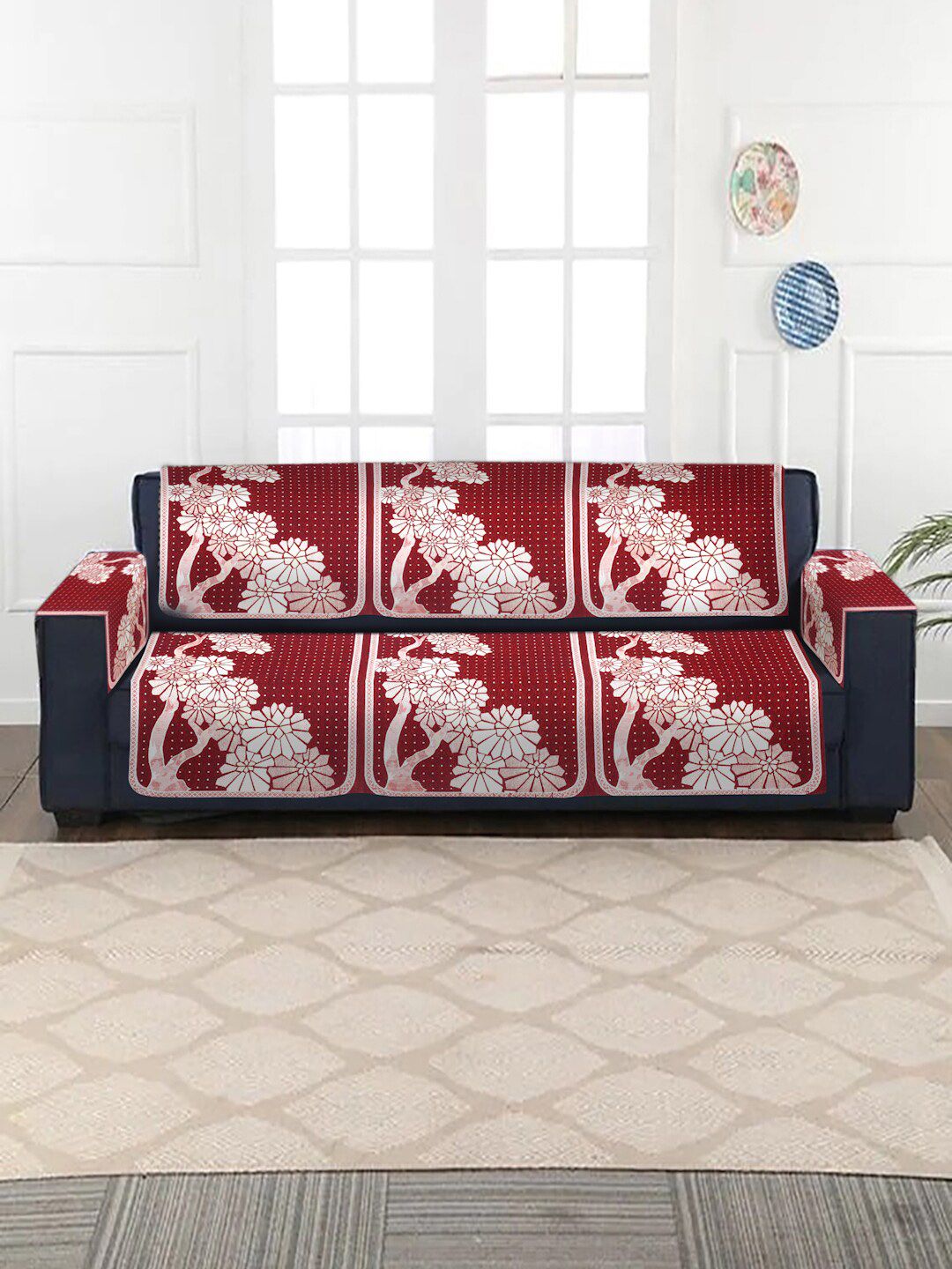 HOSTA HOMES Set of 16 Red Jacquard Velvet 5 Seater Sofa Cover With Arm Rest Price in India