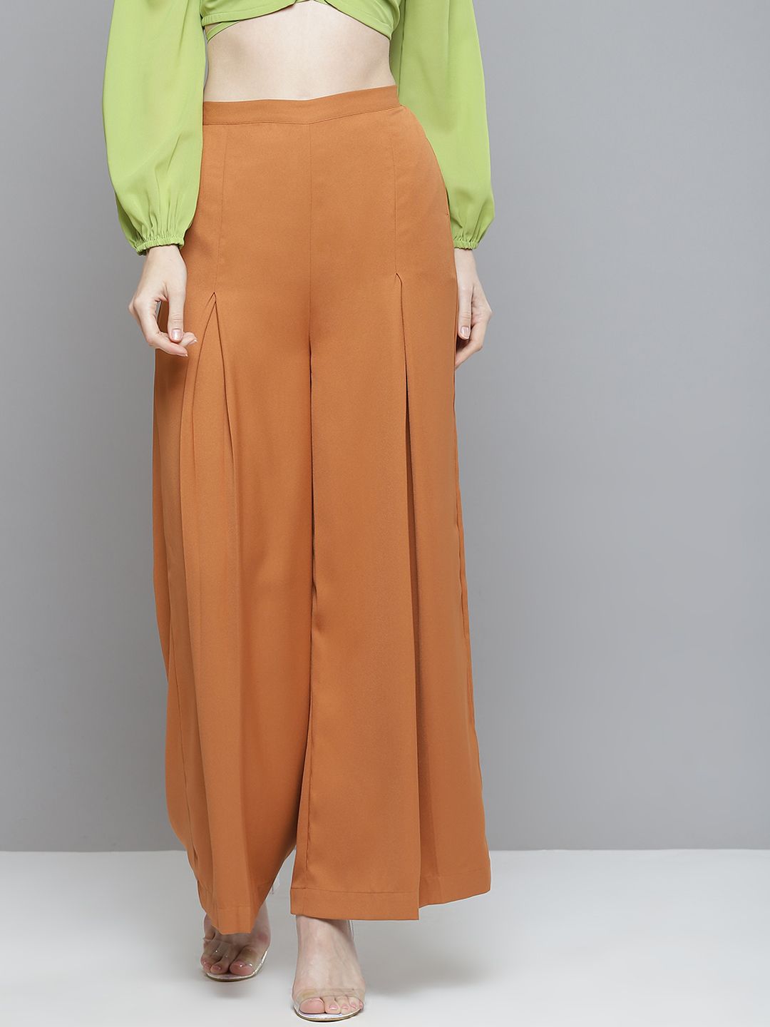 SASSAFRAS Women Rust Orange Flared High-Rise Trousers Price in India