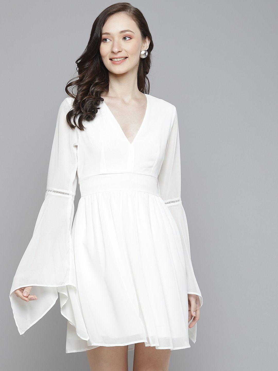 SASSAFRAS Women White Solid Bell Sleeves A-Line Dress Price in India
