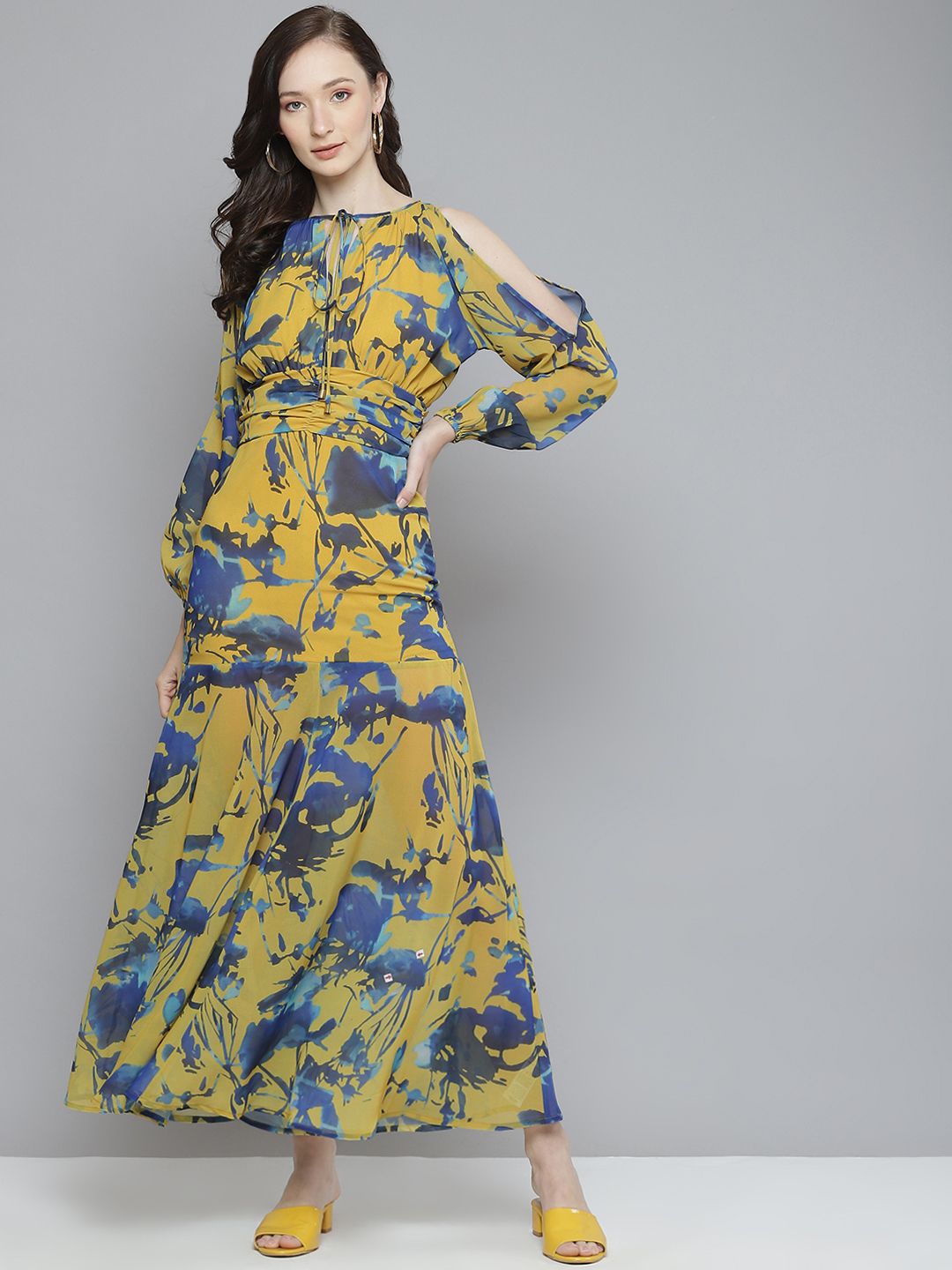 SASSAFRAS Mustard Yellow & Blue Floral Georgette Maxi Dress Price in India