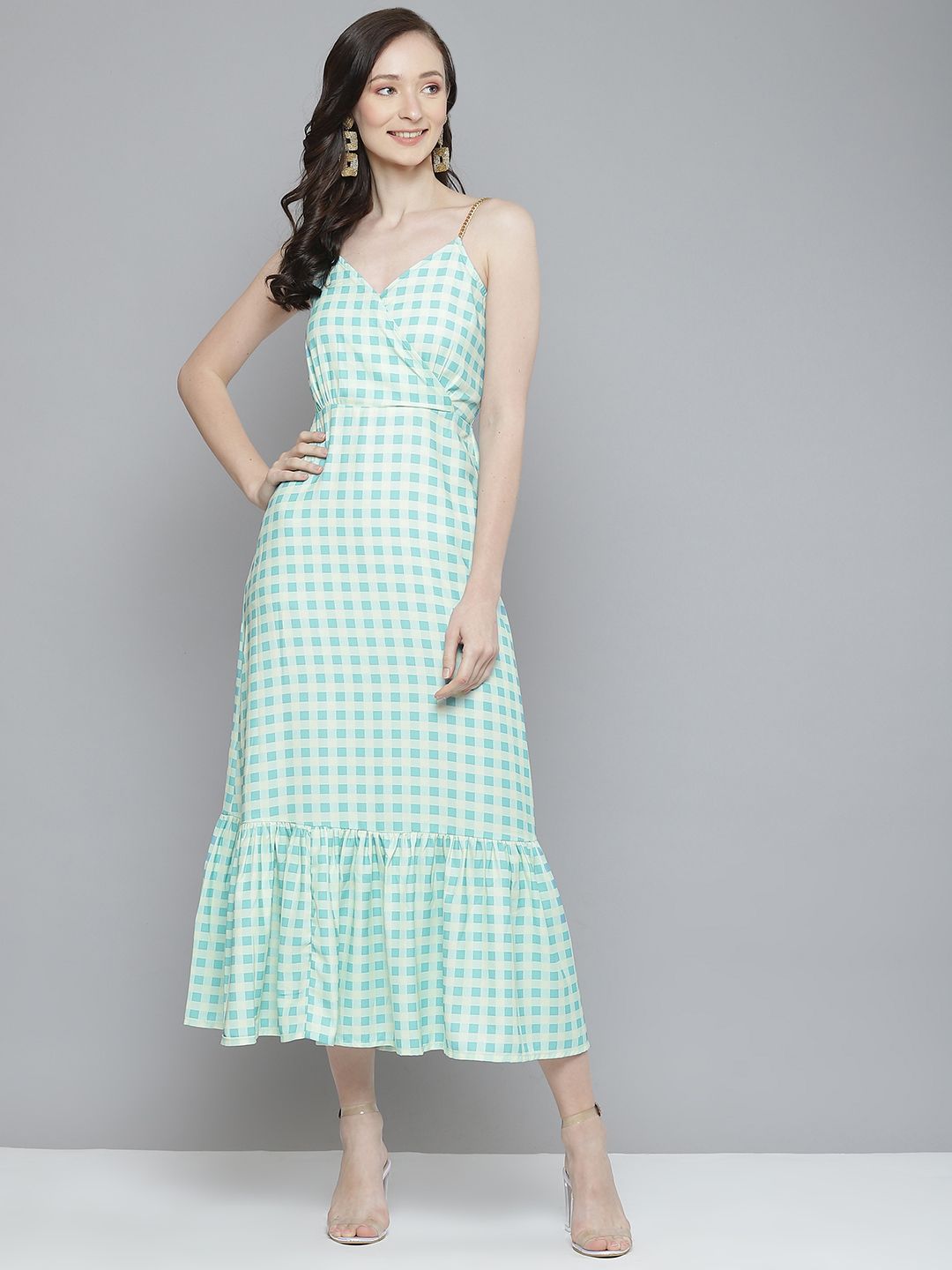 SASSAFRAS Blue & Yellow Checked Casual Maxi Dress Price in India