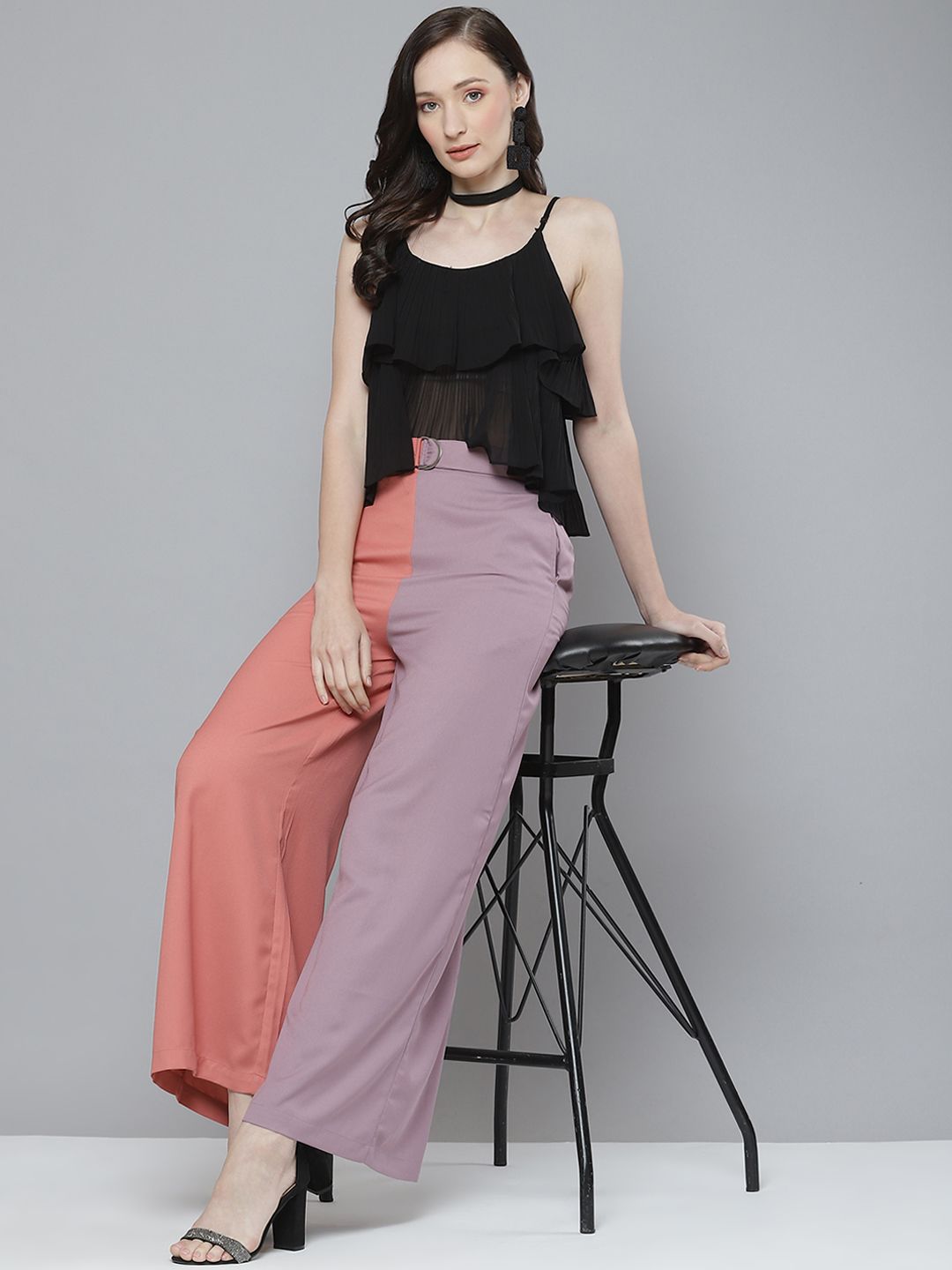 SASSAFRAS Women Pink Flared High-Rise Trousers Price in India