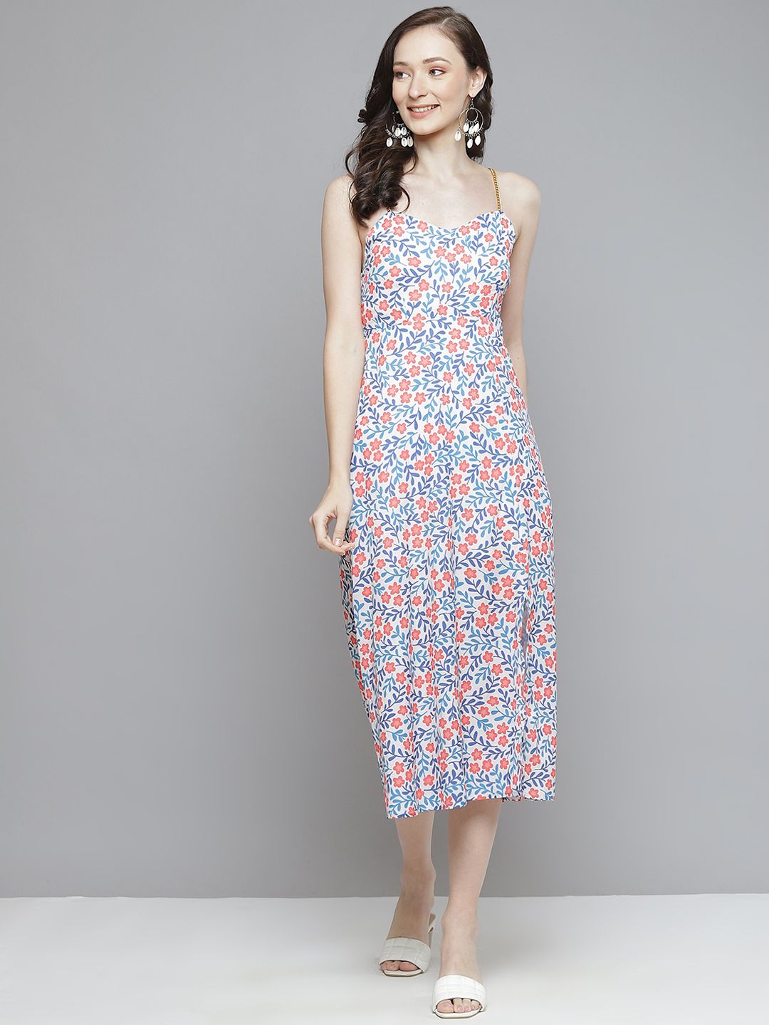 SASSAFRAS White & Red Floral A-Line Midi Dress Price in India