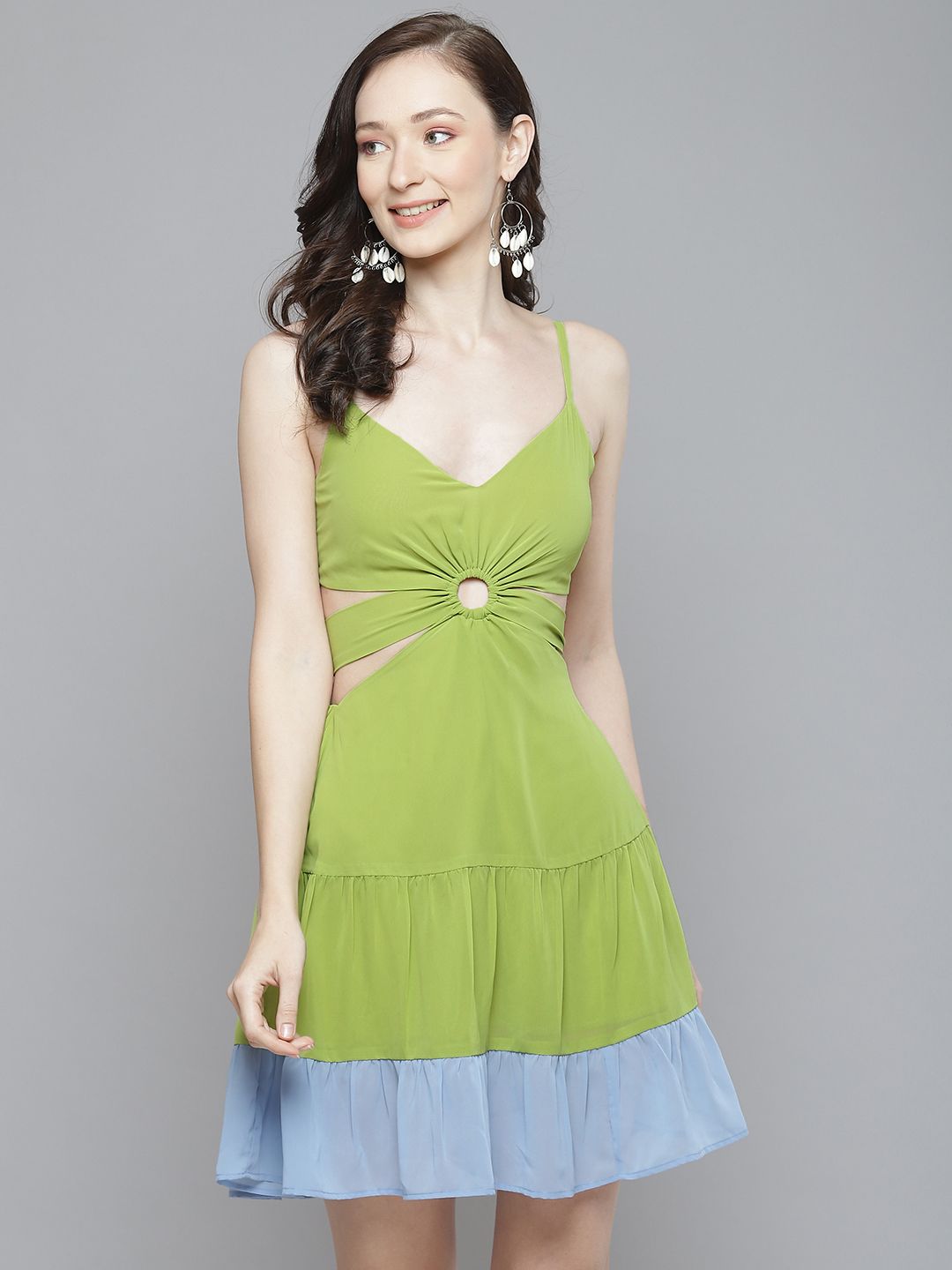 SASSAFRAS Women Lime Green & Blue Colourblocked Detail Cut-Outs Waist Tie-Ups A-Line Dress Price in India