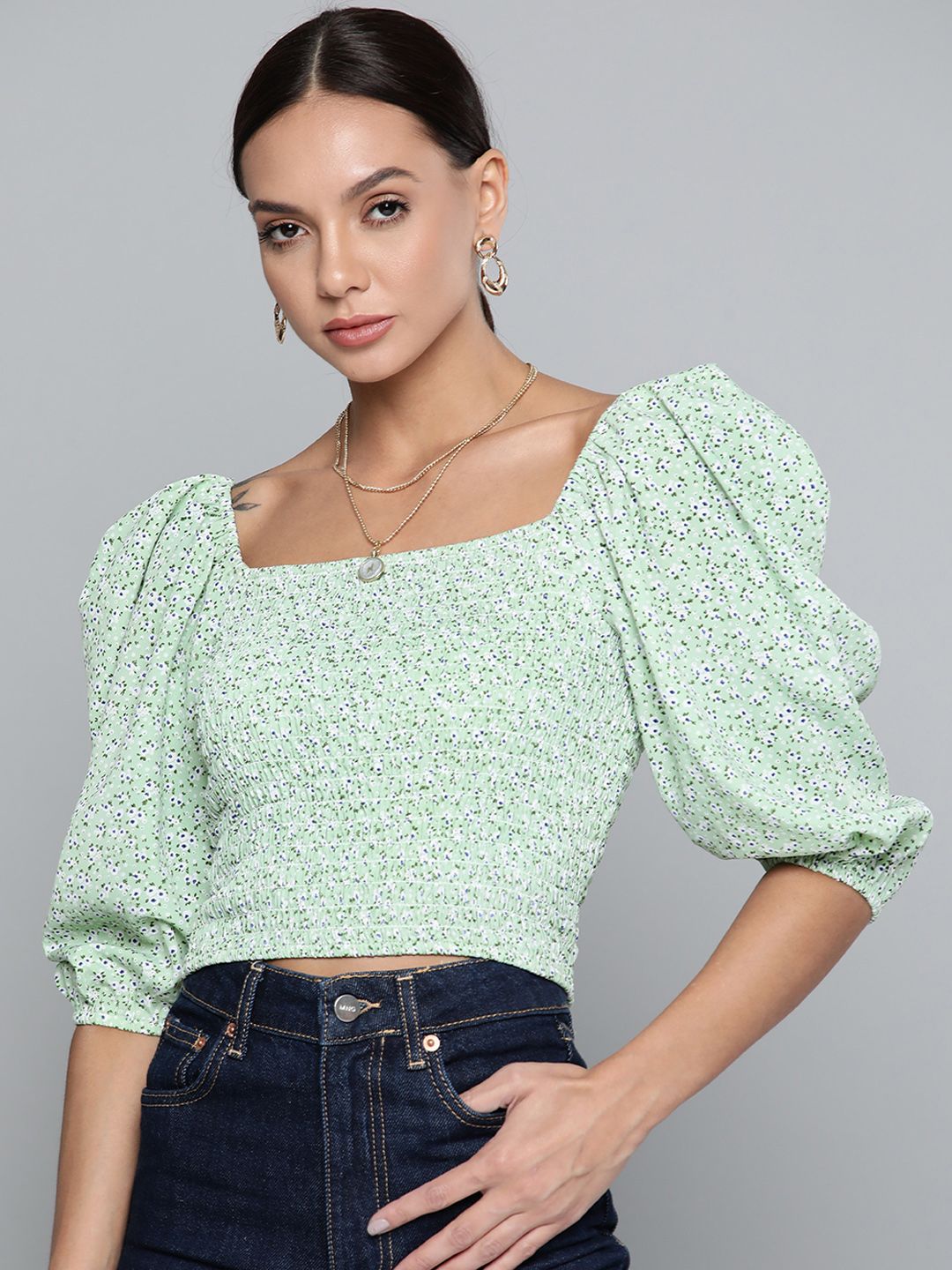 SASSAFRAS Green & White Floral Print Smocked Crepe Crop Top