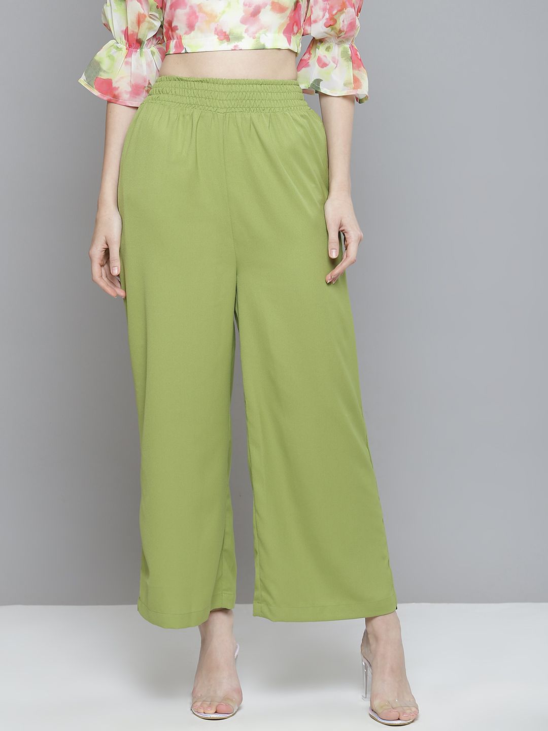 SASSAFRAS Women Green Flared High-Rise Pleated Trousers Price in India