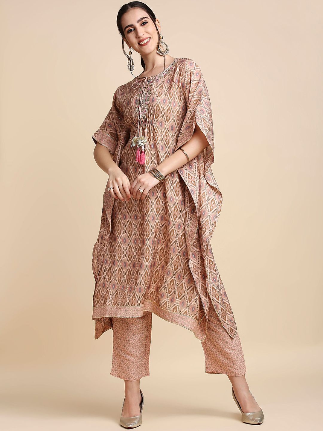 Anubhutee Women Pink & Brown Printed Kaftan Kurta With Trousers Price in India