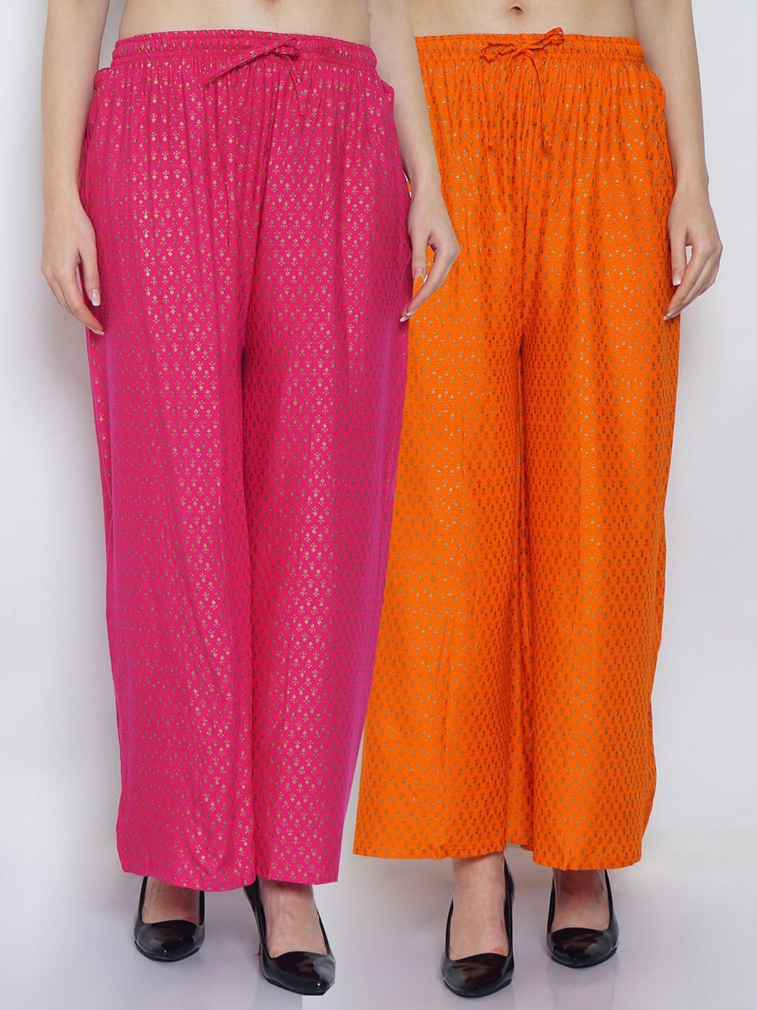 Jinfo Women Pink & Orange 2 Ethnic Motifs Printed Flared Ethnic Palazzos Price in India