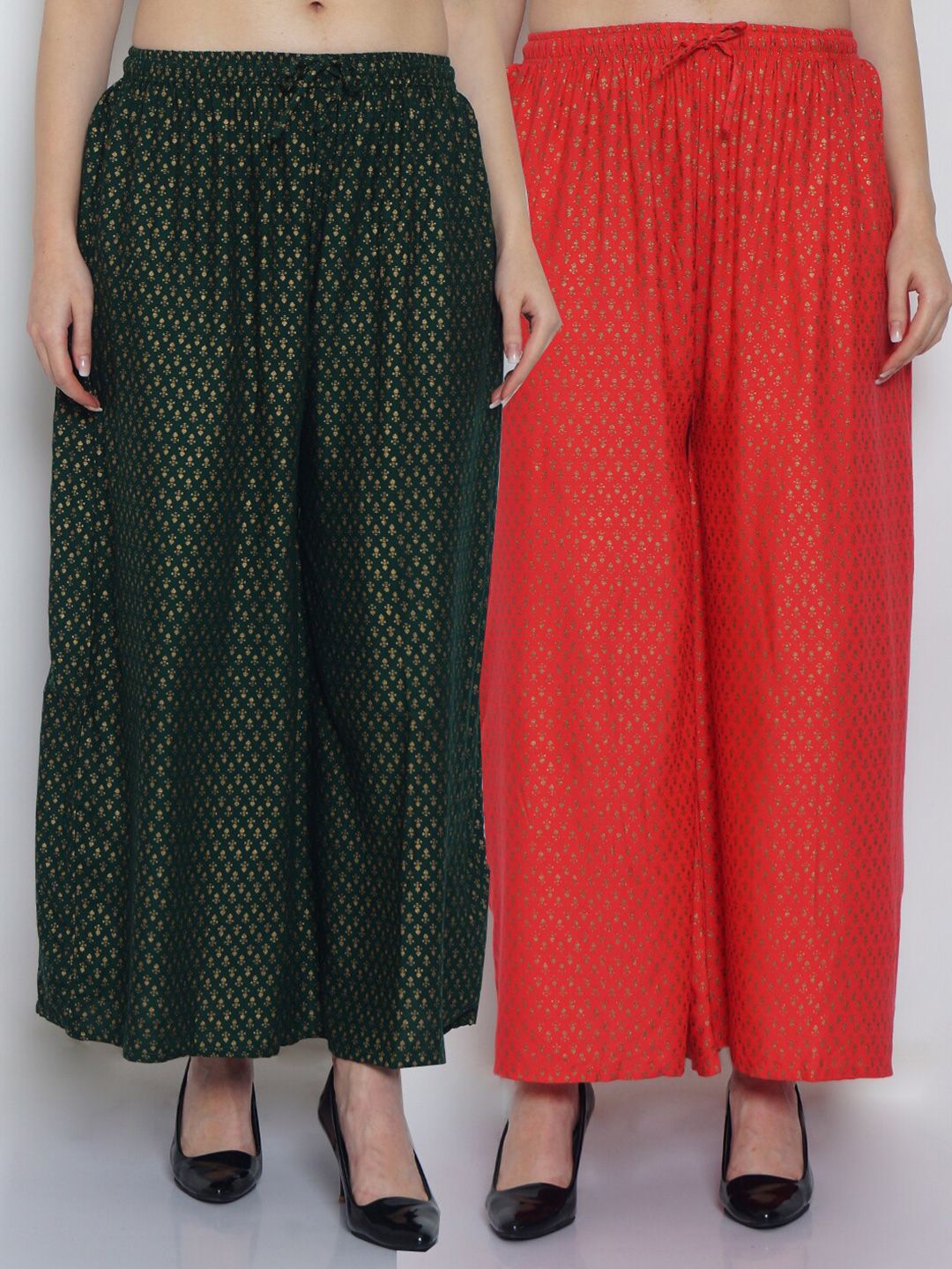 Jinfo Women Green & Peach-Coloured Set Of 2 Printed Flared Knitted Ethnic Palazzos Price in India