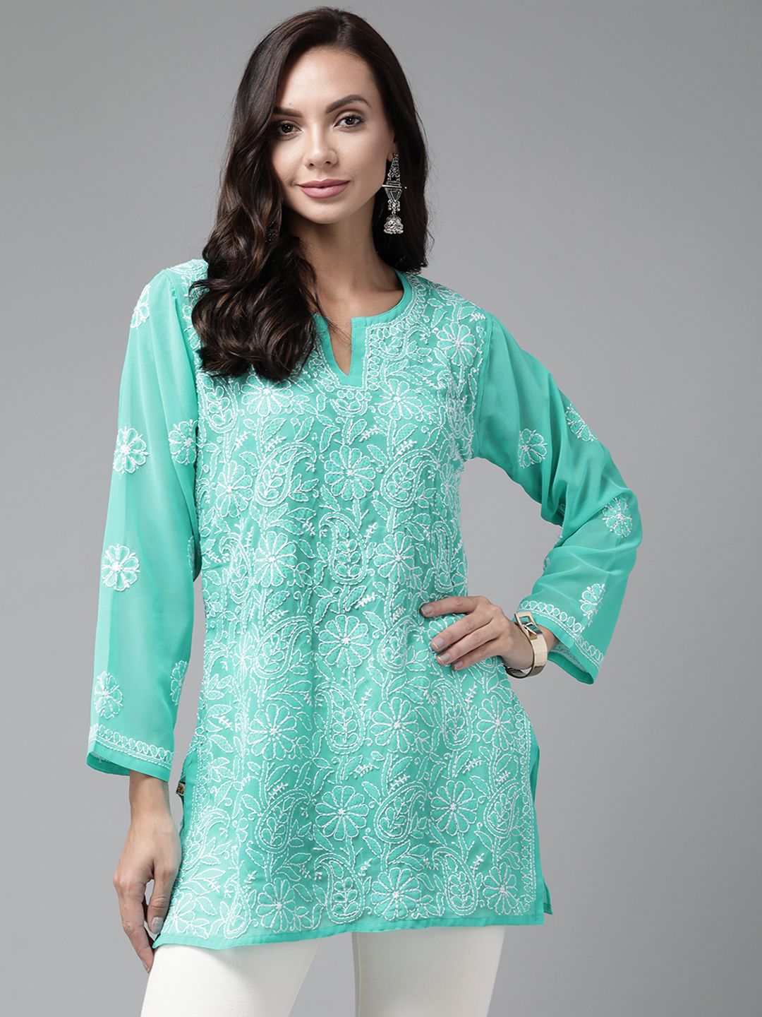 ADA Sea Green & White Ethnic Motifs Embroidered Chikankari Kurti