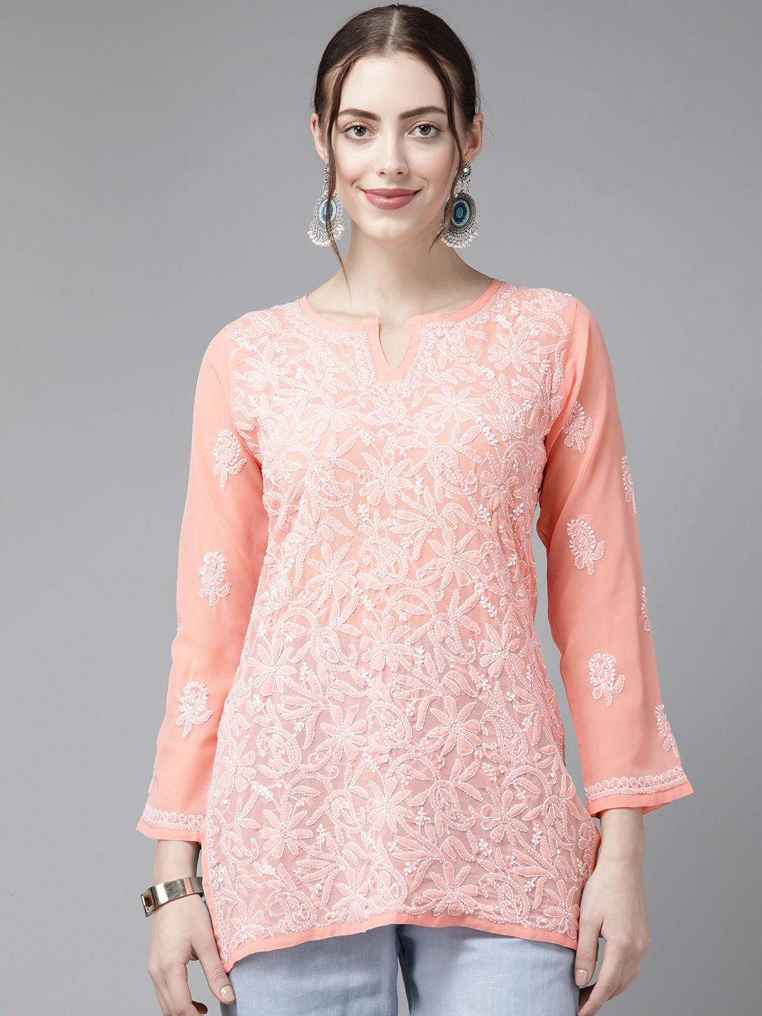 ADA Peach-Coloured & White Ethnic Motifs Embroidered Chikankari Kurti