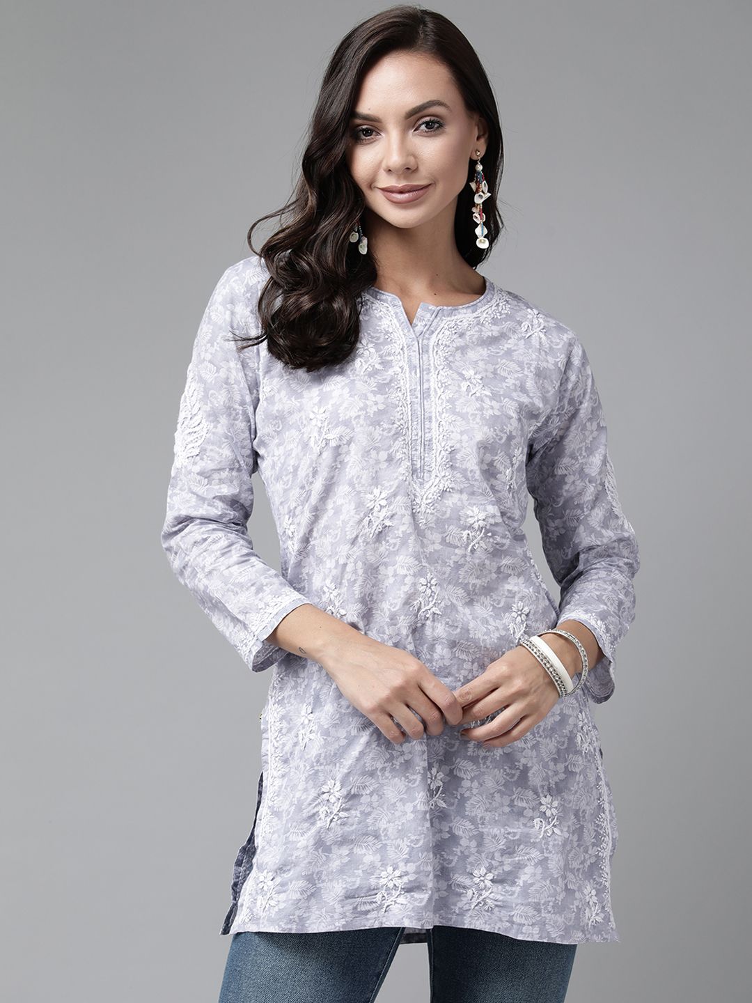 ADA Grey & White Ethnic Motifs Embroidered Chikankari Kurti