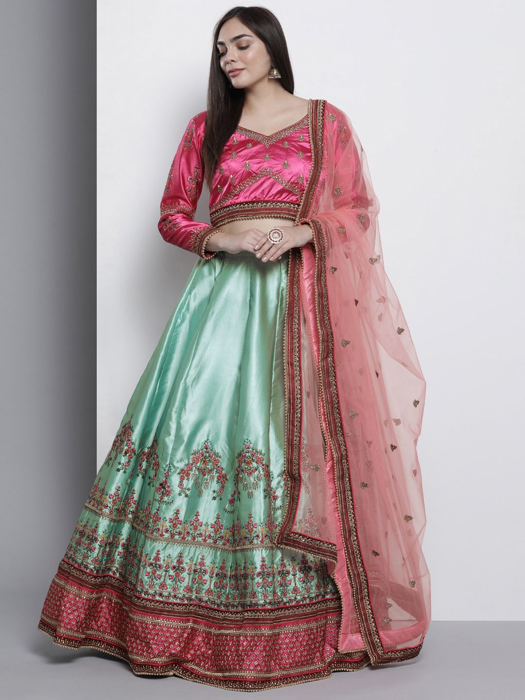 DRESSTIVE Turquoise Blue & Pink Semi-Stitched Lehenga & Unstitched Blouse with Dupatta Price in India