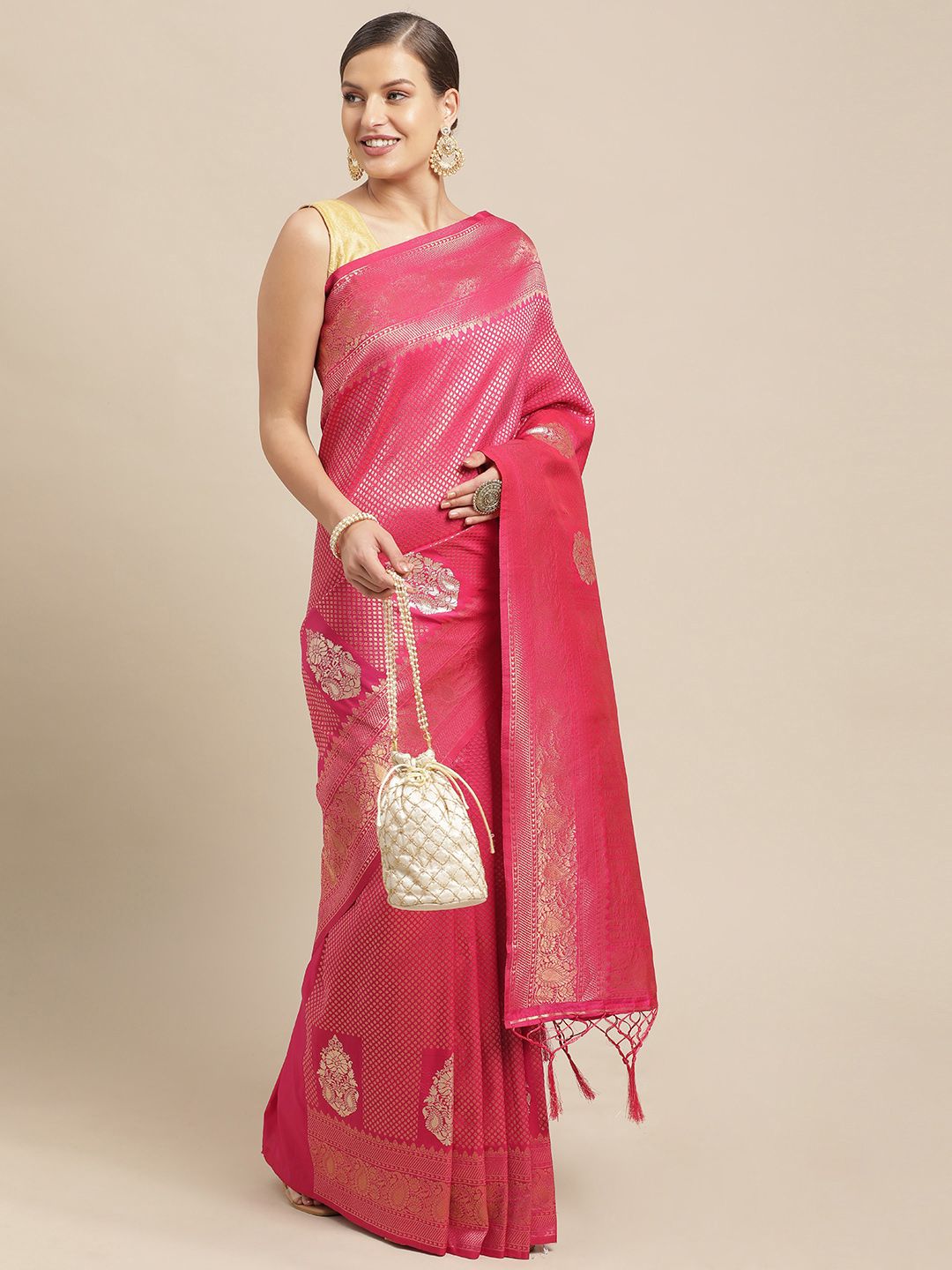 Mitera Pink Woven Design Pure Silk Saree Price in India