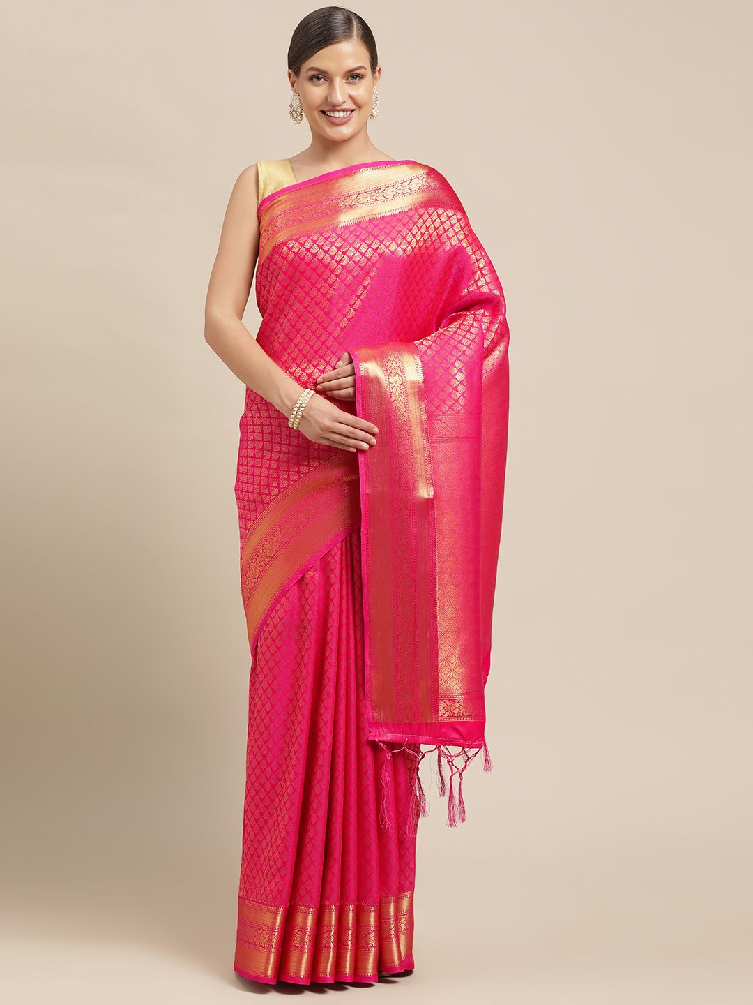 Mitera Pink & Gold-Toned Woven Design Pure Silk Saree Price in India