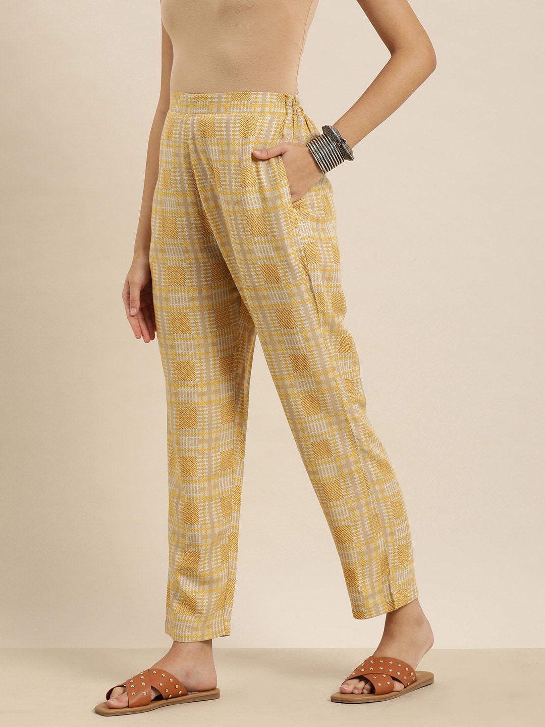 Sangria Women Mustard Yellow & Beige Checked Printed Trousers Price in India