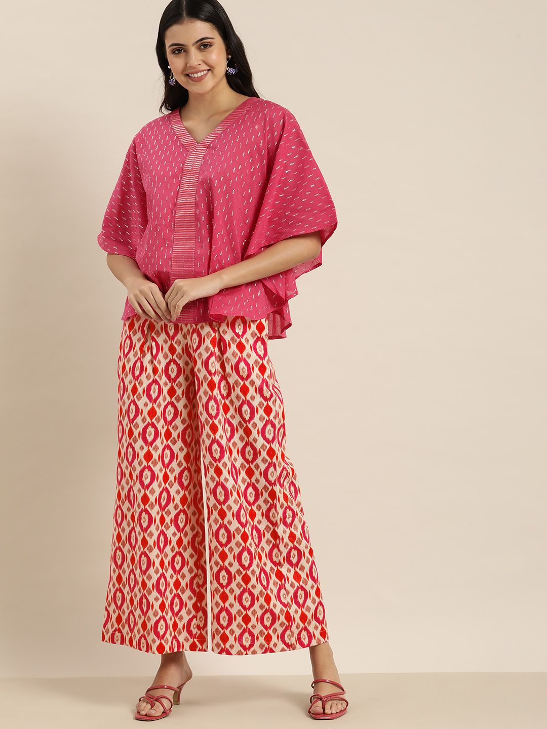 Sangria Women Red & Beige Cotton Ethnic Motif Printed Palazzos