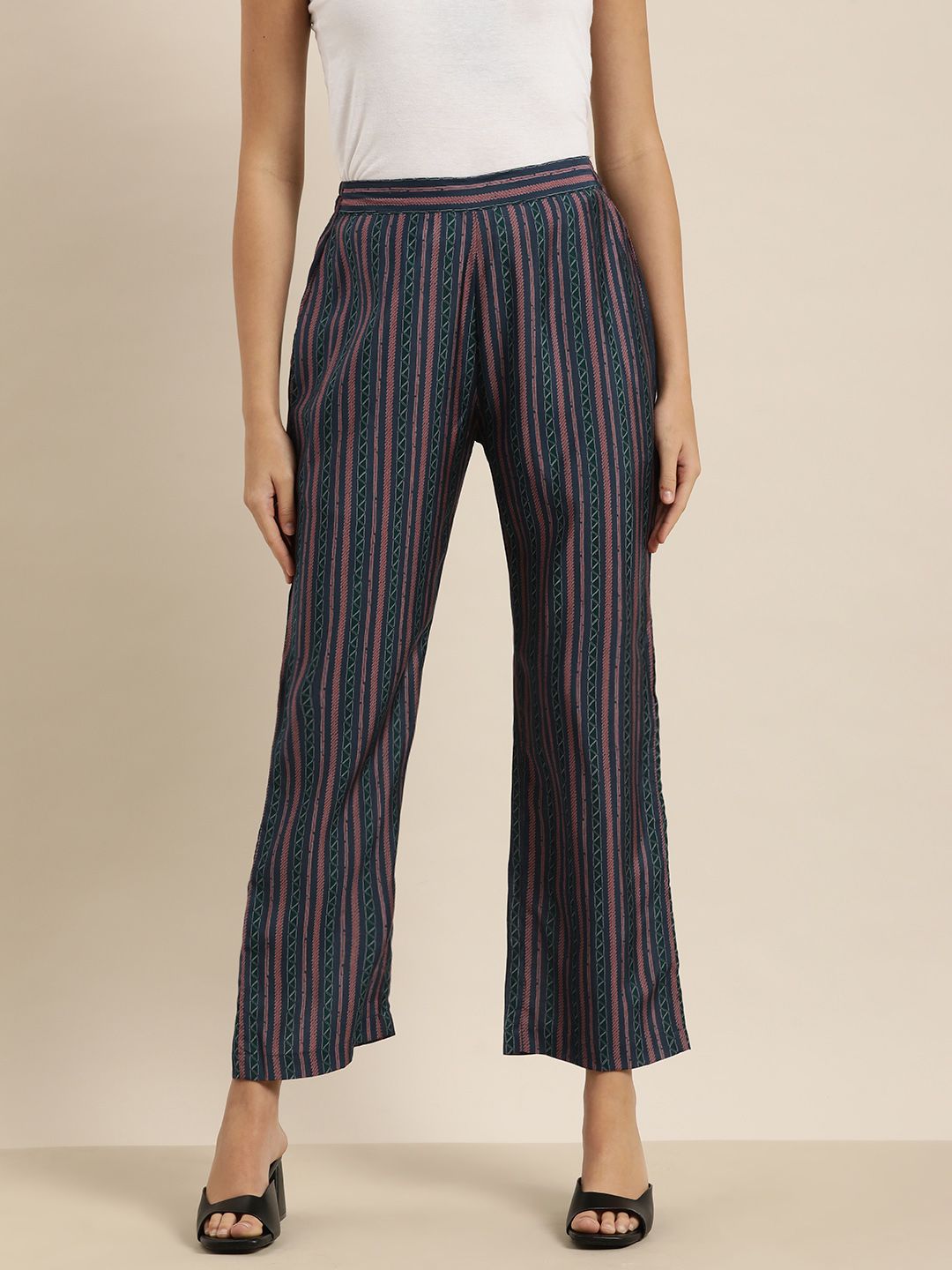Sangria Women Navy Blue & Red Striped Printed Trousers Price in India