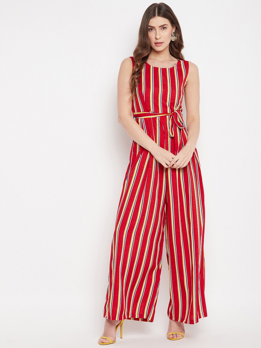 Uptownie Lite Women Red & Yellow Striped Sleeveless Jumpsuit Price in India