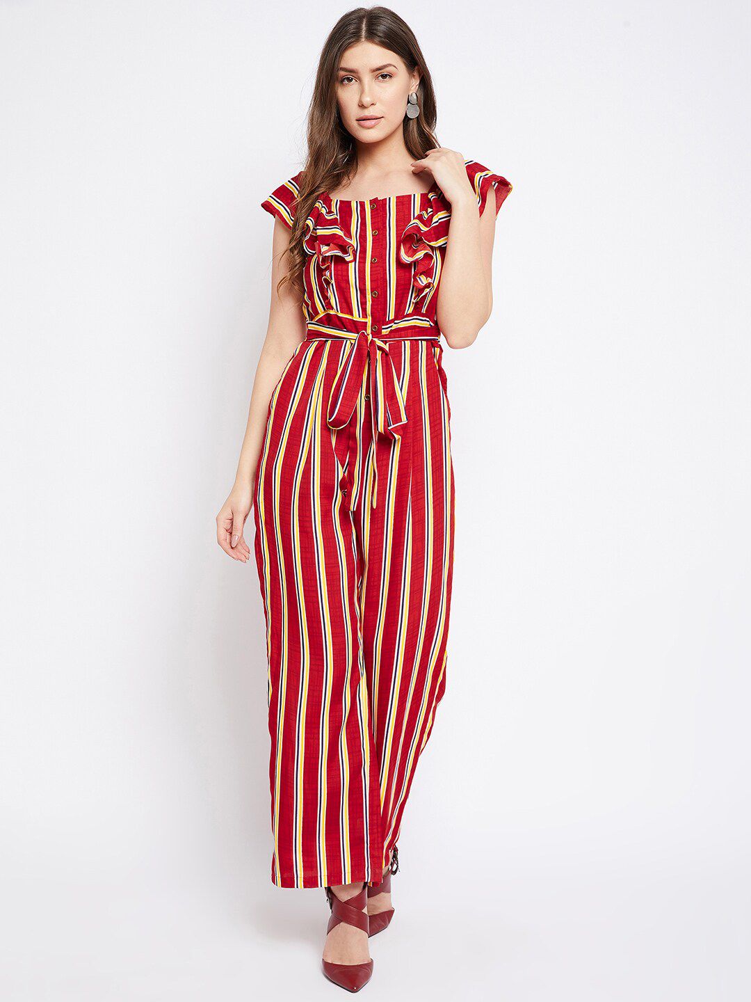 Uptownie Lite Red & Yellow Striped Basic Jumpsuit with Ruffles Price in India