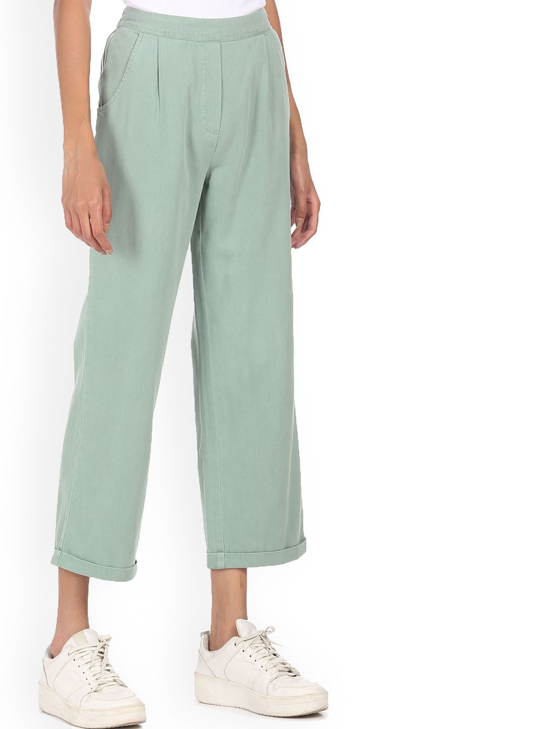 Sugr Women Green Pleated Pure Cotton Trousers Price in India