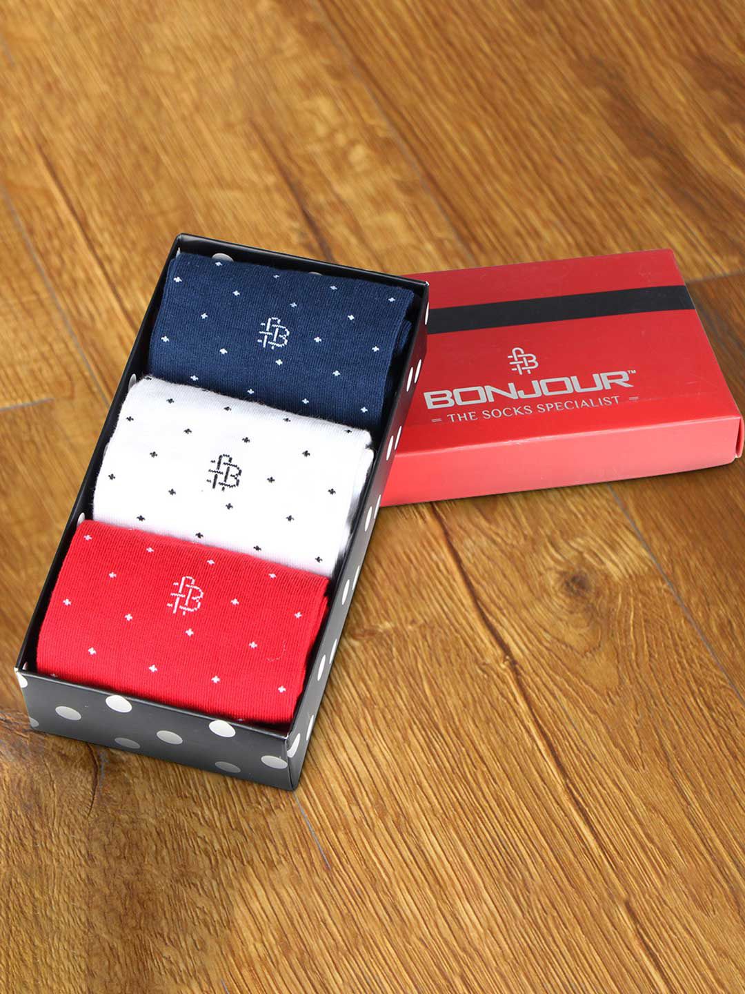 Bonjour Men Pack Of 3 Red & White Cotton Calf-Length Socks