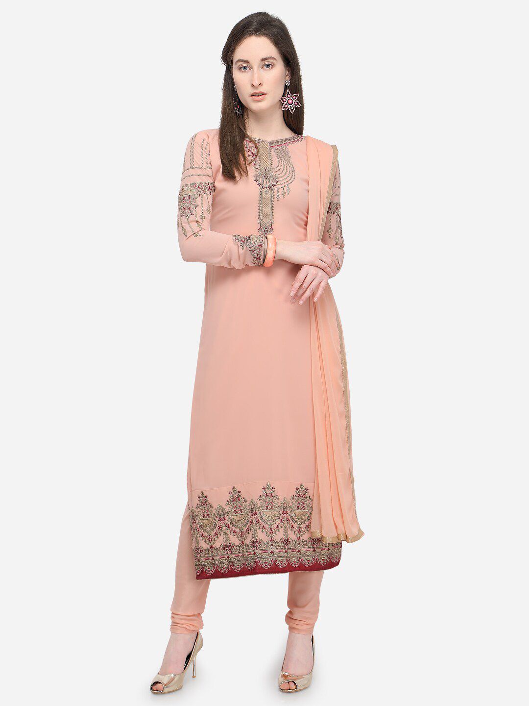 mf Peach-Coloured & Gold-Toned Embroidered Semi-Stitched Dress Material Price in India